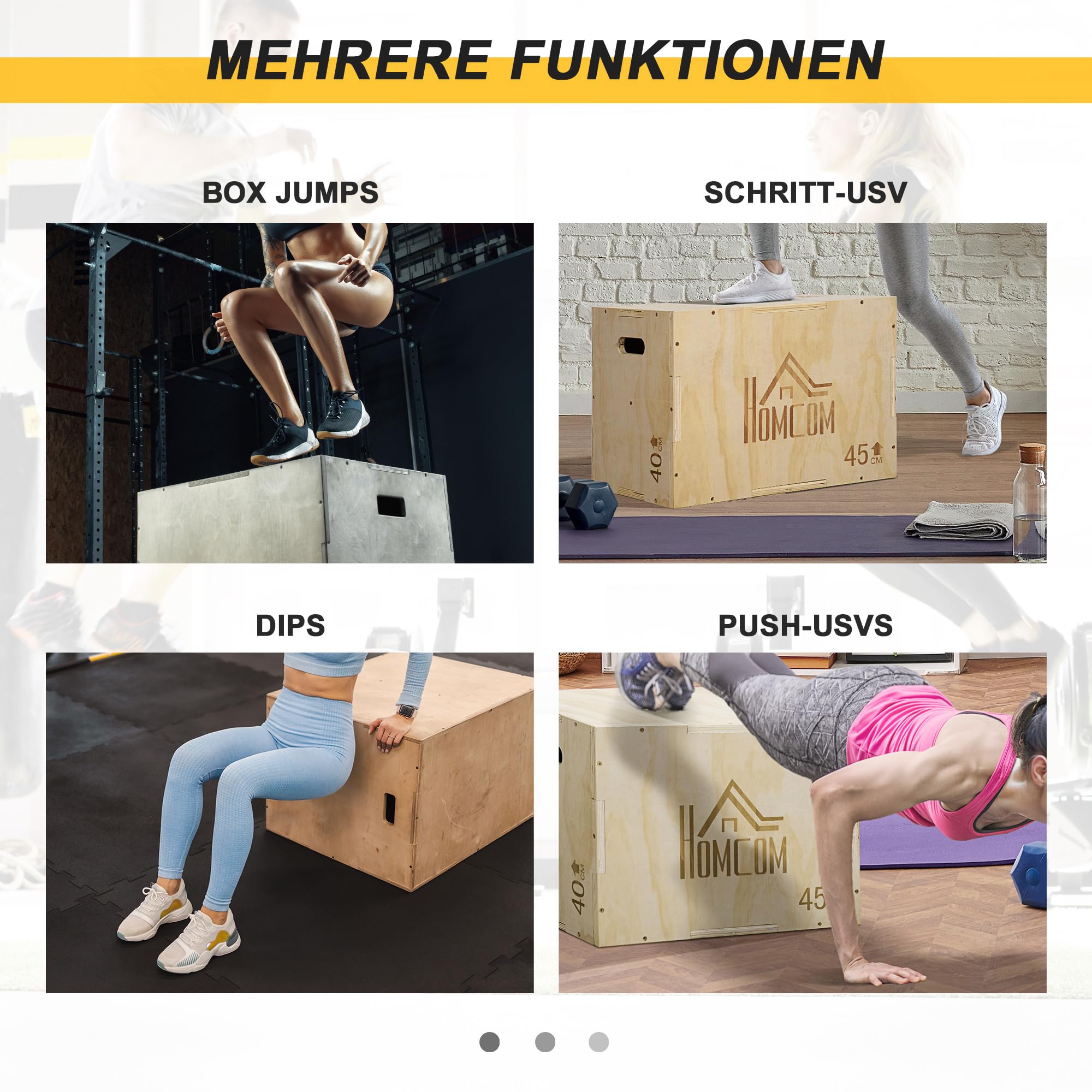 HOMCOM 3-in-1 Plyo Box Holz Plyometrische Sprungbox mit 3 Sprunghöhen Griffen Step-Up Jumping Box Plyometric Platform Fitnessgerät für Plyometrisches Training Workout Fitnessstudio