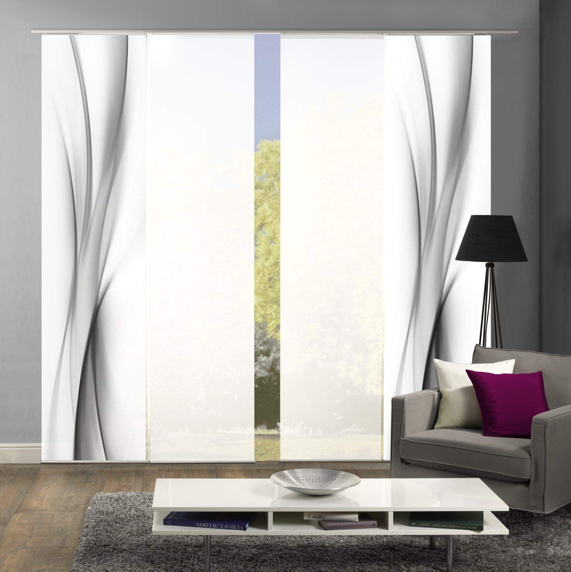 4er-Set Flächenvorhang, Deko Blickdicht, UFA, Höhe 245 cm, 2X Dessin /2X Uni transparent, Fb. grau/weiß