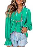 Womens Peplum Babydoll Tops Puff Long Sleeve V Neck Color Tie Front Fall Blouses Dressy Casual Cute Shirts Green XXL