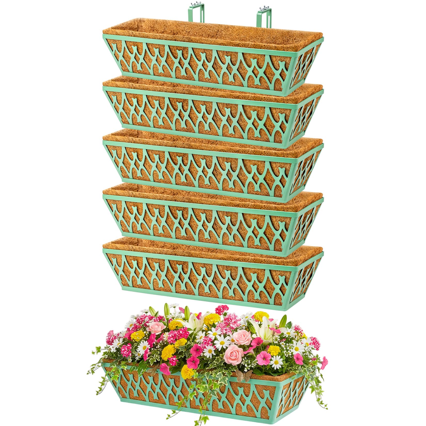 6 Pack 24 Inch Window Boxes Planters Railing Planter Box with Adjustable Brackets for Porch Fence Patio Balcony Hanging Flower Baskets with Coco Liners for Outdoor Garden Decor - Green