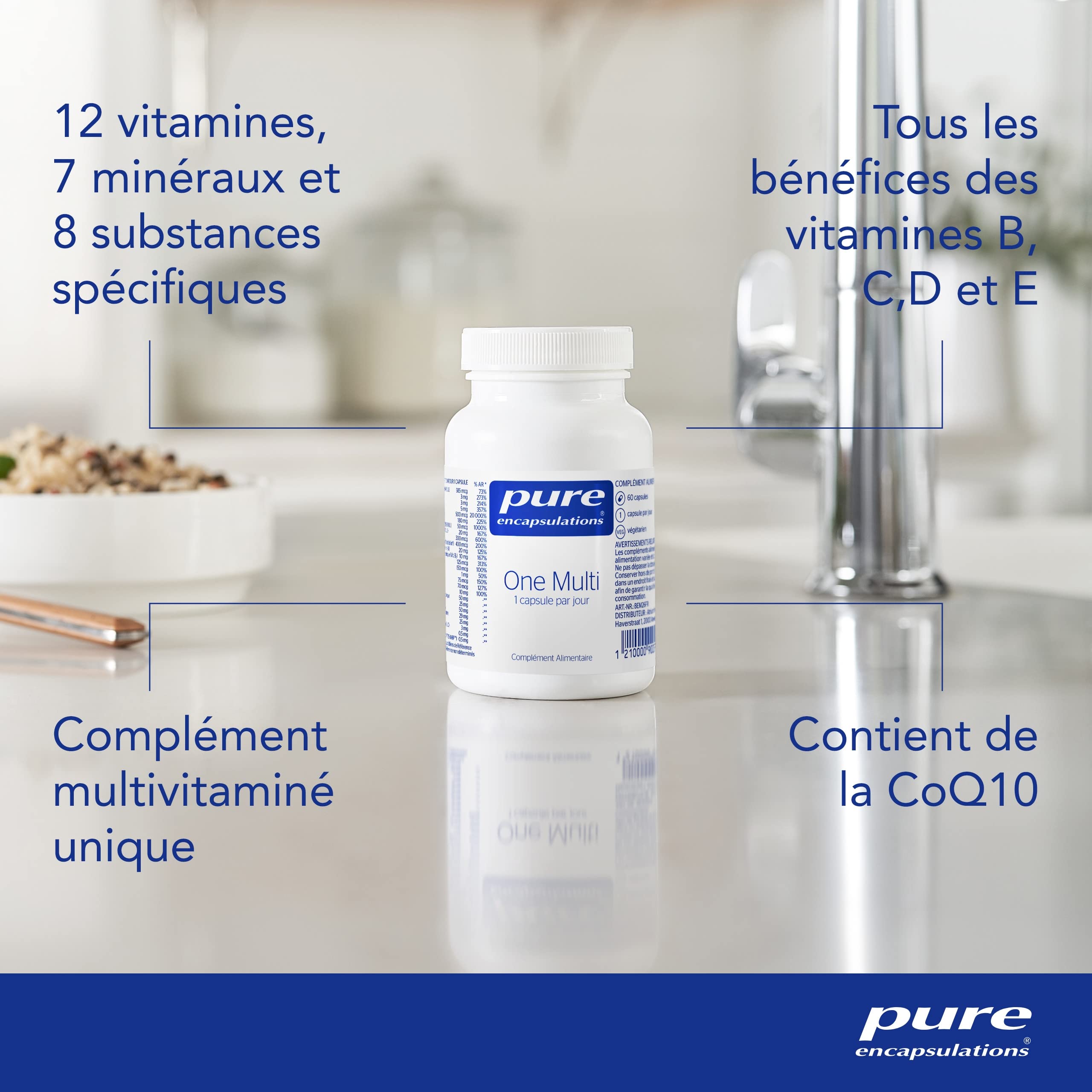 Pure Encapsulations - Multivitamines et Minéraux One Multi - Vitamines A, B, C, D, E et K - Multi-Vitamines Homme et Femme - Végétarien - 60 Gélules | 12 Vitamines (A, B, C, D, E, K), 7 Minéraux, 26 nutriments en 1 Gélule, Dosages Optimaux, Végétarien, Co