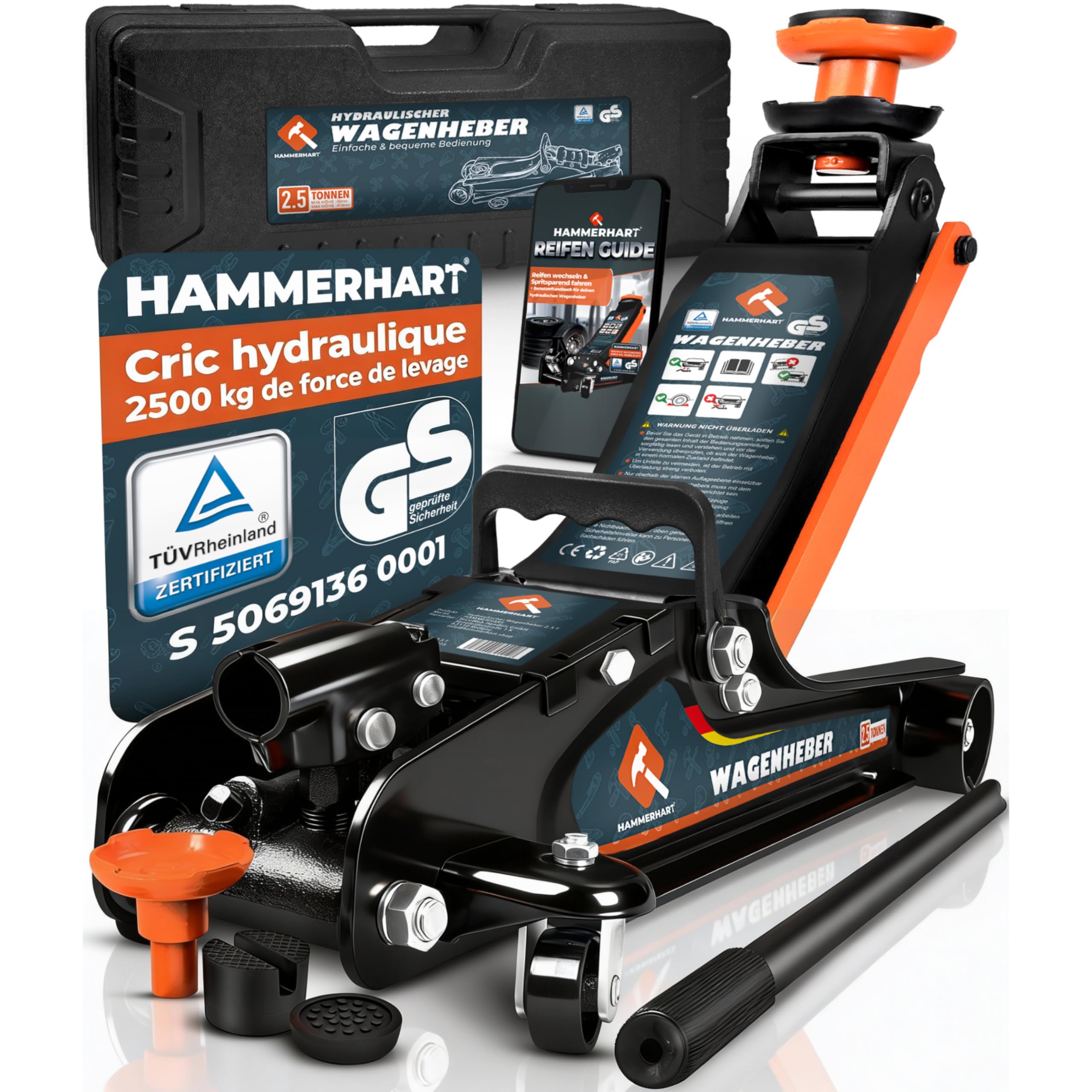 Cric hydraulique 2,5 t | Cric homologué TÜV avec Une Hauteur de Levage de 85 à 384 mm | Cric Professionnel avec 2 Patins en Caoutchouc, roulettes pivotantes à 360°, poignée en T et Coffret