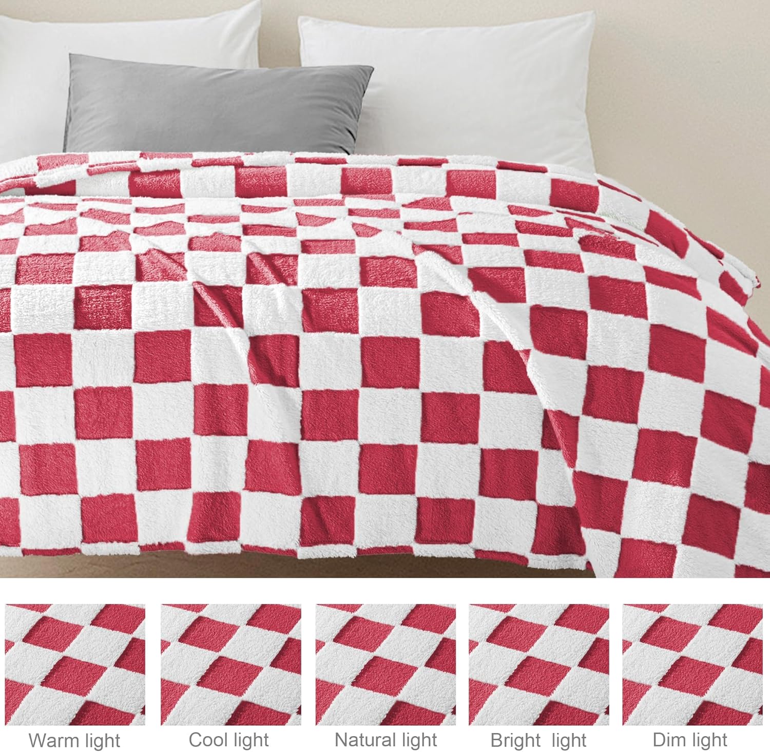 Exclusivo Mezcla Checkered Throw Blanket, Super Soft and Warm Fluffy Fleece Blanket for Couch, Sofa, Bed, Cute Plaid Pattern, Red, 50" x 60" - Image 4