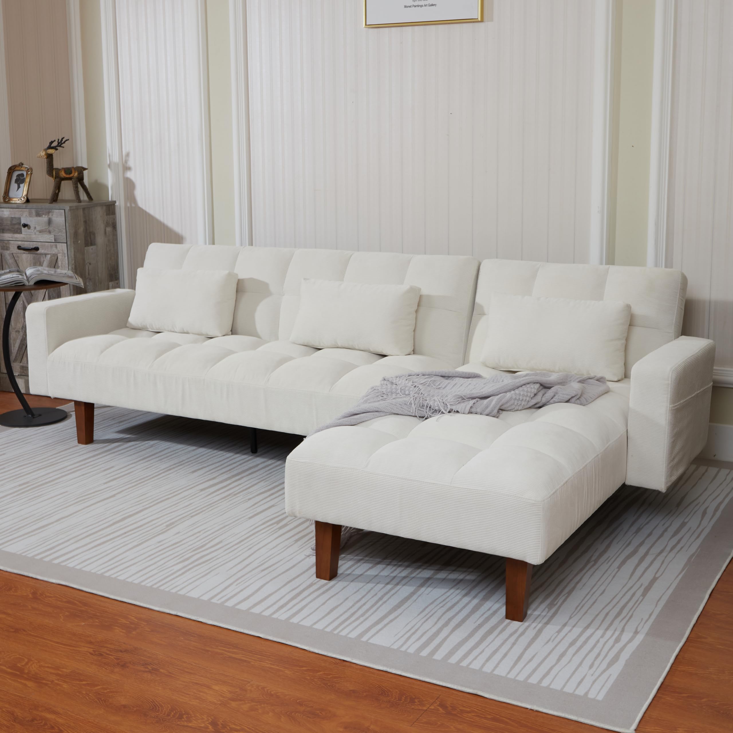 101" Convertible Sectional Sofa with Reversible Chaise Lounge and Adjustable Backrest ,L-Shaped Futon Couch Bed with USB and Type C Ports , Corduroy Upholstered Sleeper Sofabed for Living Room Office