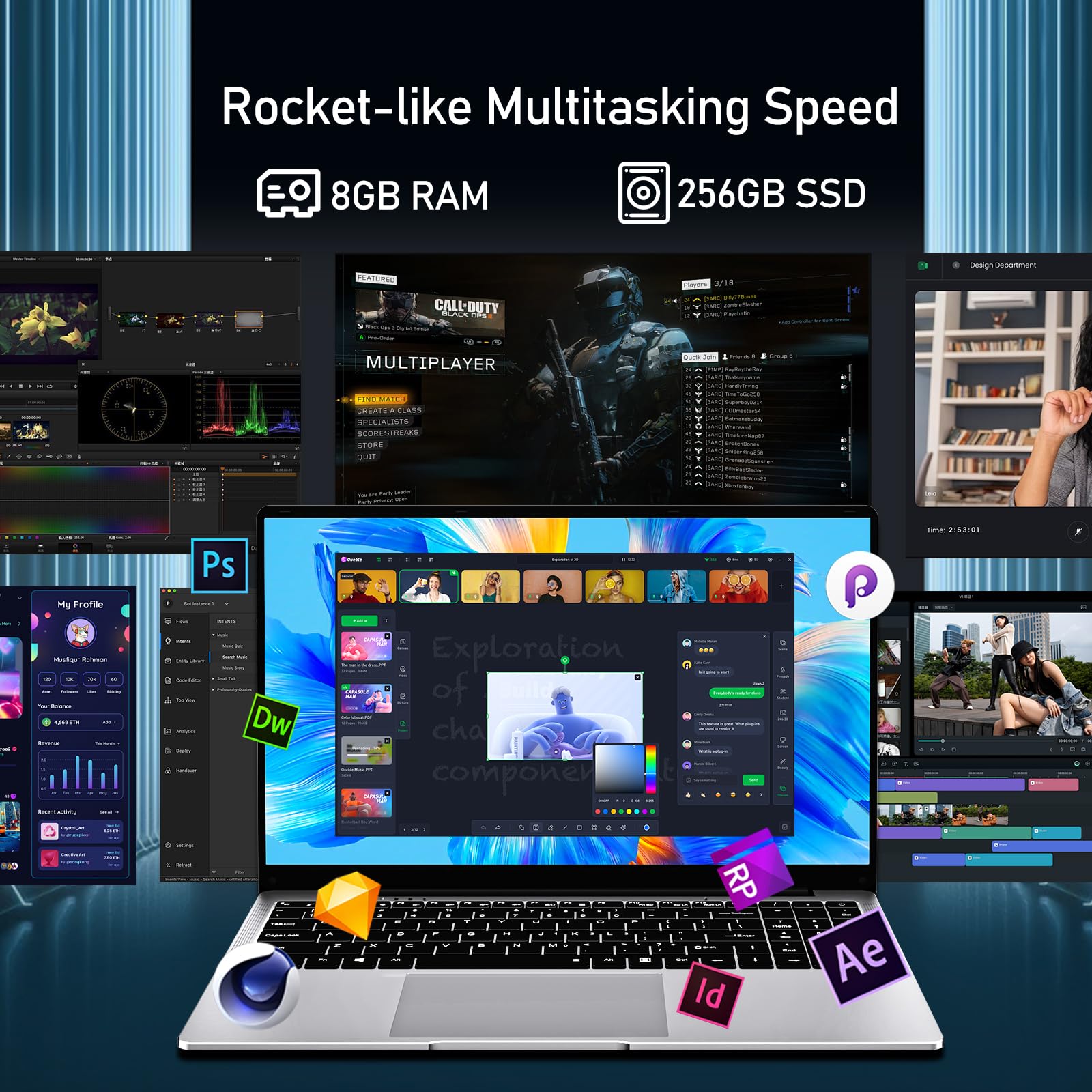 15,6 Pollici PC Portatile, Win 11 Notebook Celeron N4000 CPU, Laptop 8Go LPDDR4 256Go SSD, Computer Portatile sottile e leggero schermo FHD 180° WiFi5 BT4.2 Mini-HDMI 2*USB3.0 Espansione SSD 1TB