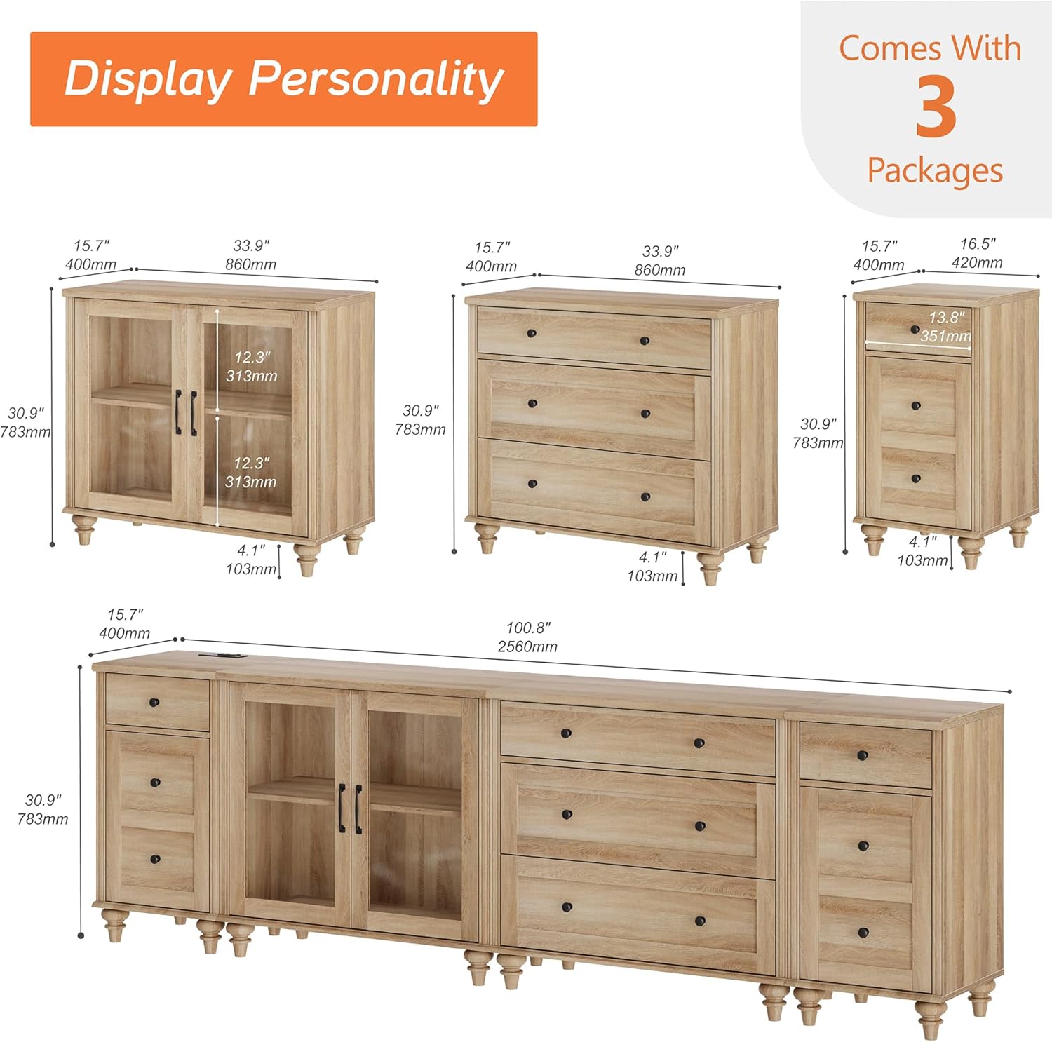 WAMPAT Sideboard Buffet Cabinets with Glass Door, Kitchen Storage Cabinets with Charging Station, Wood Coffee Bar Table with Adjustable Shelf & 5 Drawers for Dining Room, Living Room, Bedroom, Oak