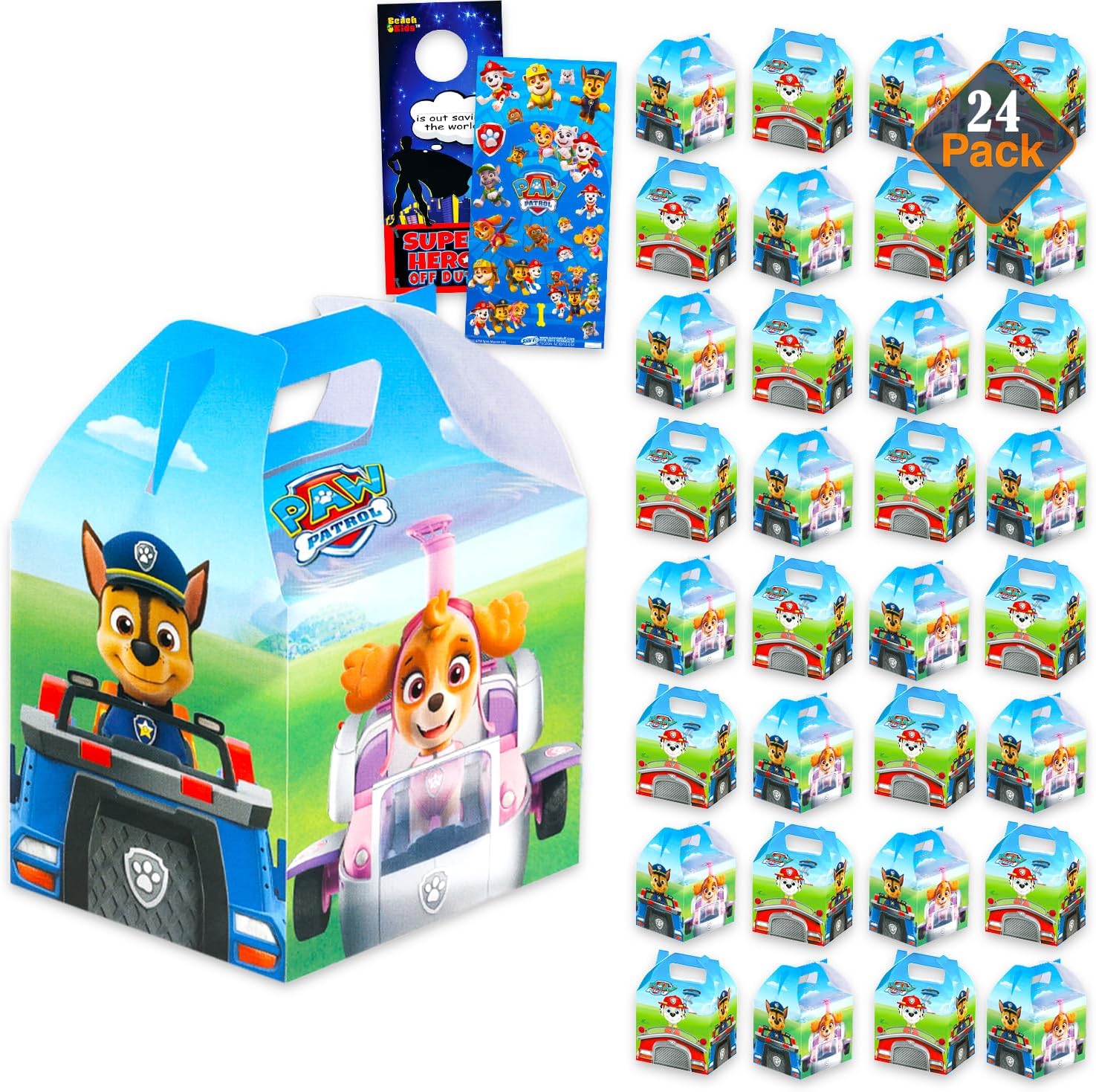 Paw Patrol Treat Boxes Set for Celebrations - Bundle with 24 Favor Boxes for Birthdays, Prizes, Plus Stickers, More | Paw Patrol Party Favors for Boys, Girls