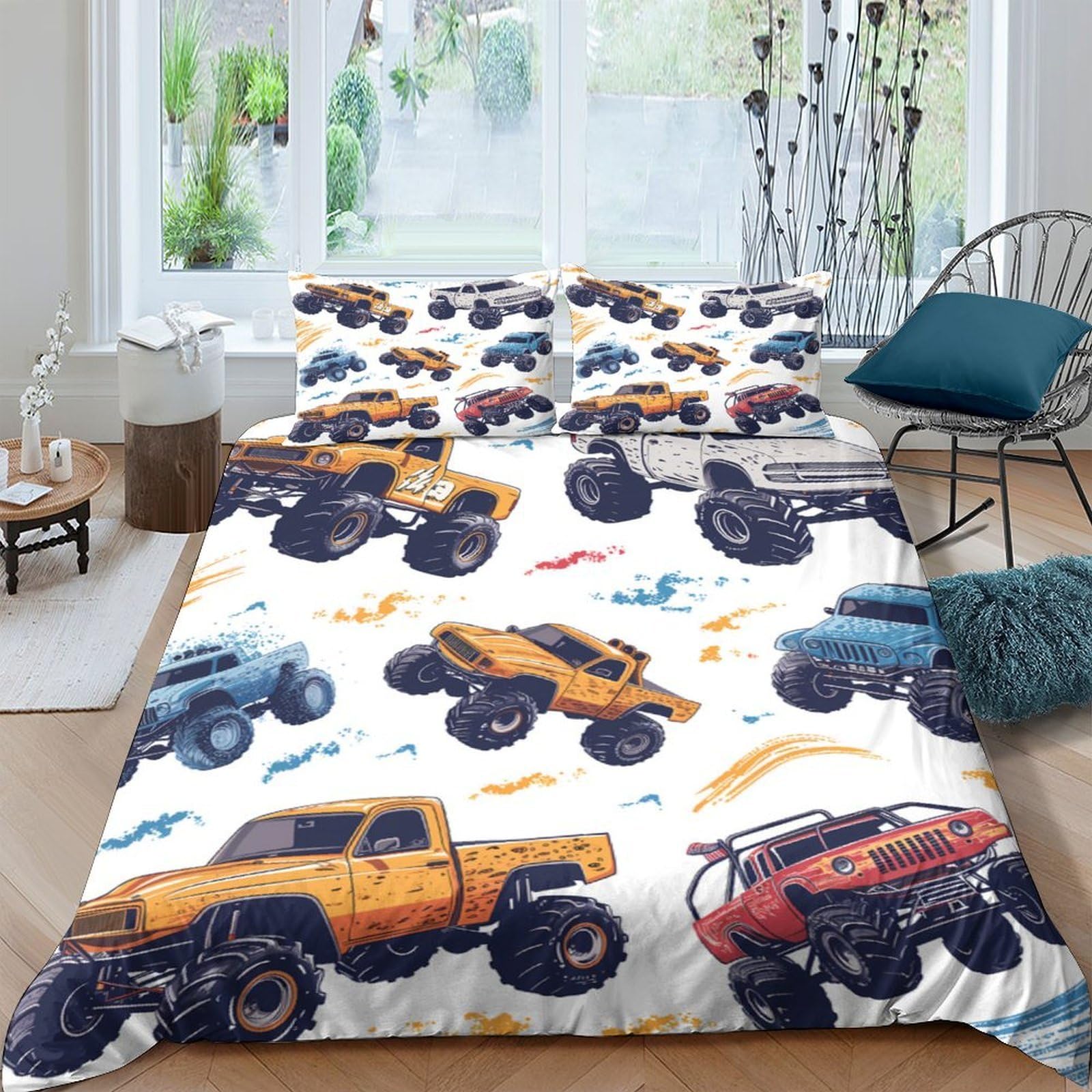 GPLZQXKJNH 3D Printed Monster Truck Duvet Cover Microfiber Soft Breathable Offroad Car Bedding Set with 2 Pillowcases for Bedroom Decor Single（135x200cm）