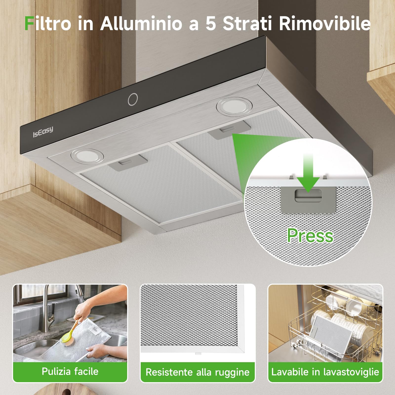 IsEasy Cappa Aspirante Inclinata 60 cm, Cappa Cucina con 590m³/h Forte Potenza di Aspirazione, 4 Livelli di Regolazione, 1-9 Minuti di Ritardo di Arresto, 67 dB, Argento, Class A++