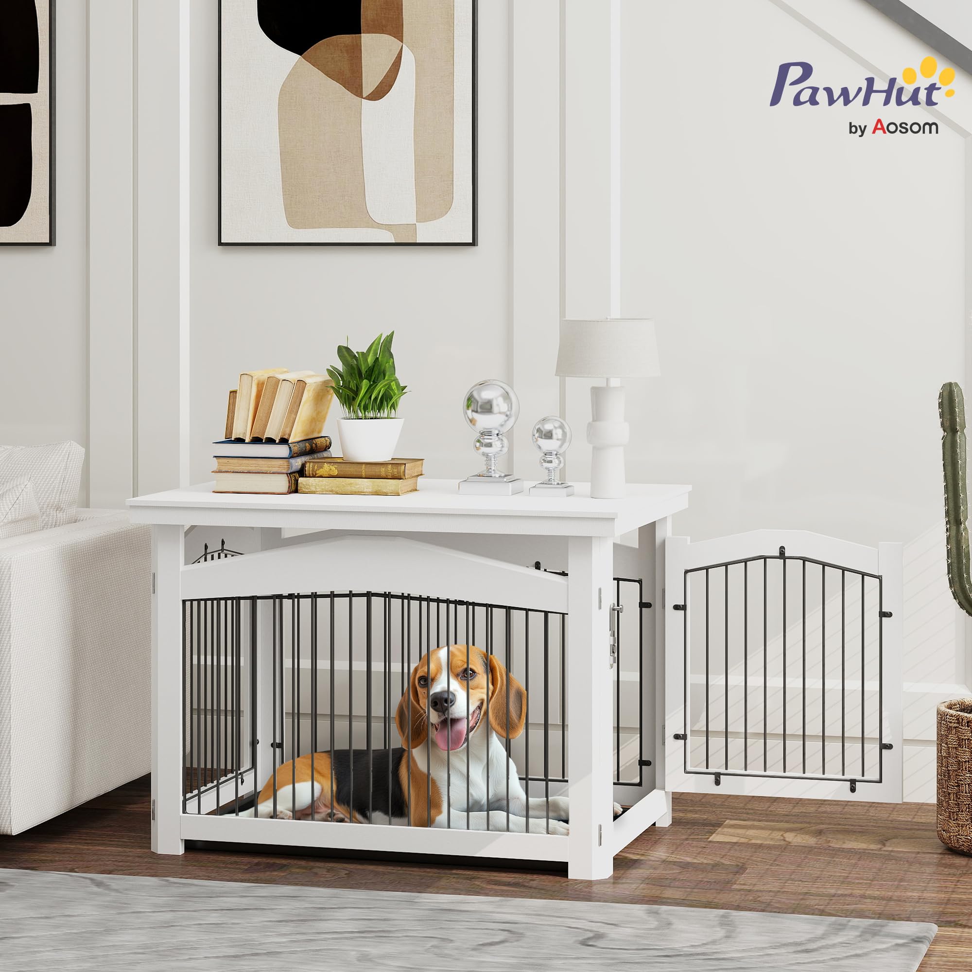 PawHut Jaula para Perros Medianos 3 en 1 Mesa Auxiliar Barrera para Perros con Puerta con Pestillo Tapa Superior Desmontable y Bandeja Extraíble 82,5x57,5x59,5 cm Blanco