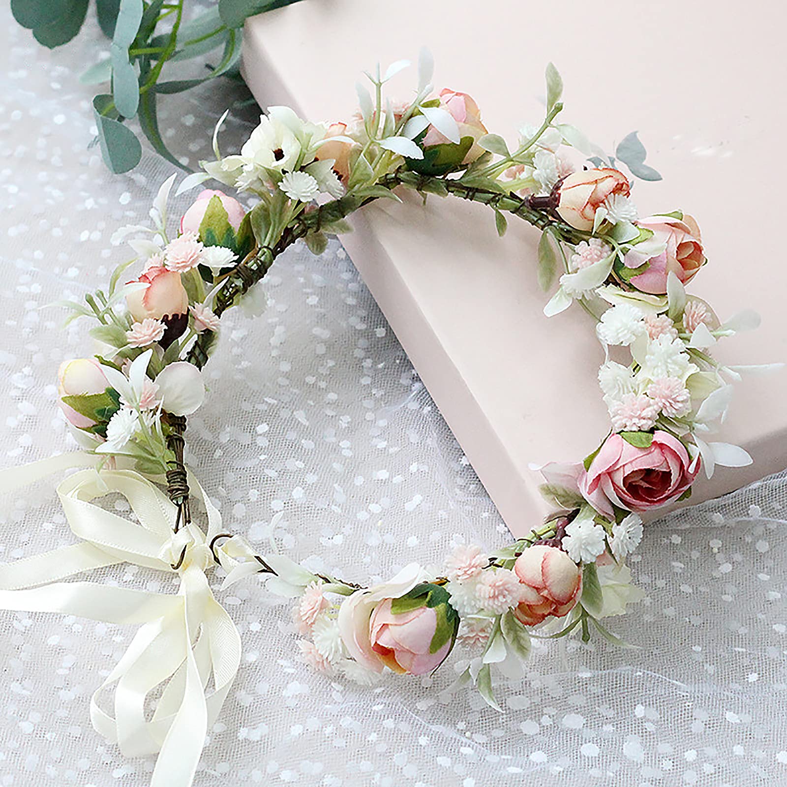 Corona Di Fiori Pastorale Con Rose Per Donna - Regolabile Per Matrimonio E Spiaggia (Fucsia)