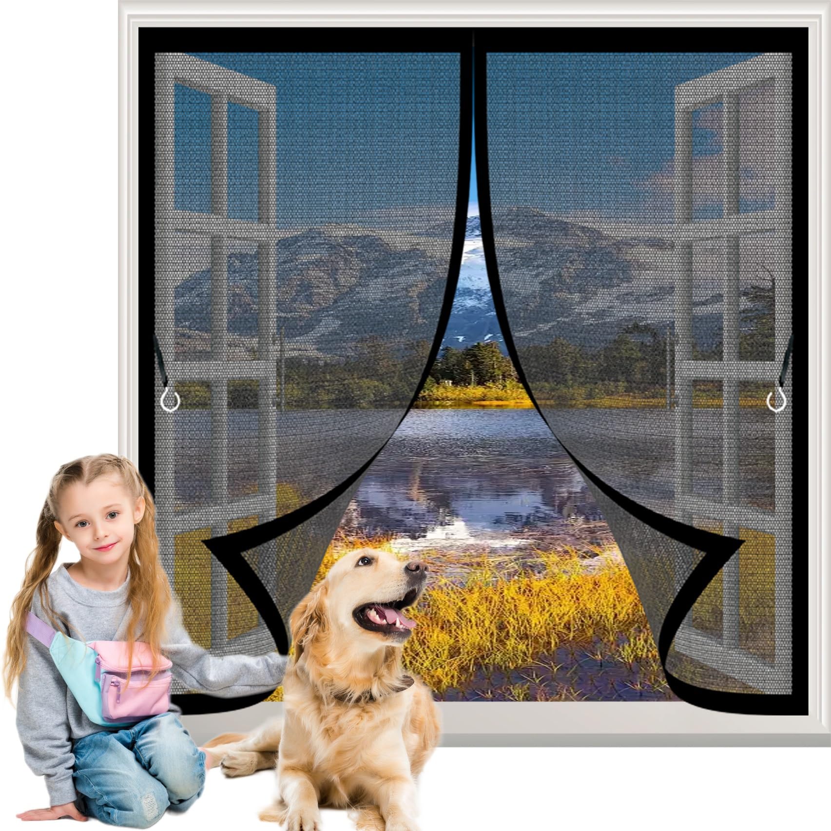 Fliegengitter Magnet Fenster 163 x 176 cm Automatisches Schließen, Klettband Oben, Nicht Kürzbar Fliegengitter Fenster Magnetband für Alle Arten von Türen Und Fenstern, Schwarz