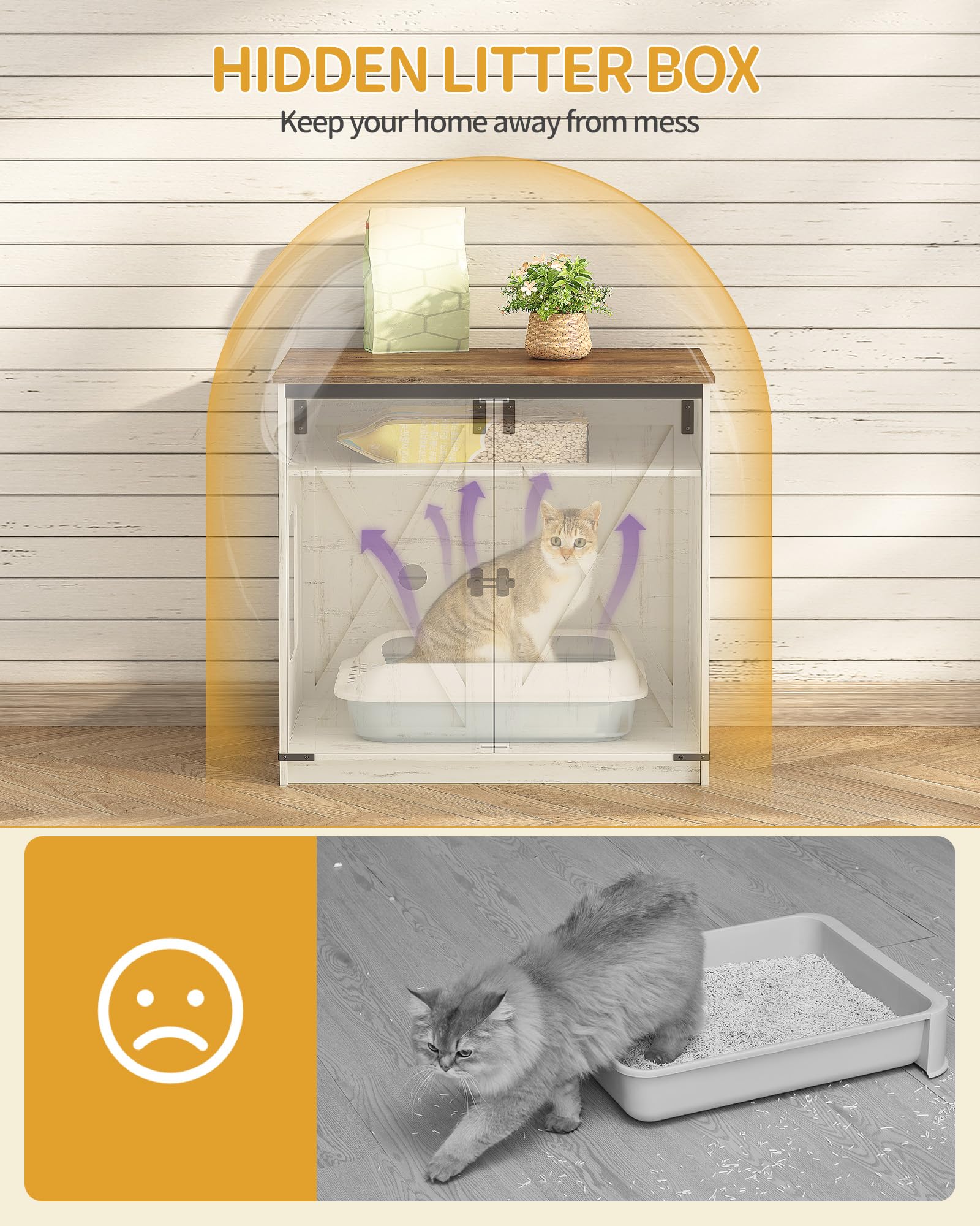 Hzuaneri Cat Litter Box Enclosure Enclosed, Hidden Litter Box Furniture Cabinet Large, Wooden Indoor Cat House with Adjustable Shelf for Top Entry Litter Box, Farmhouse Rustic Brown and White CB85414X - image 7
