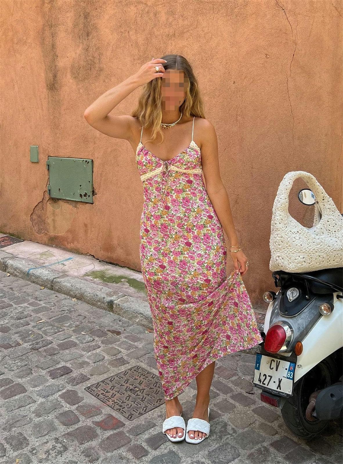 Kleider Heißes Mädchen Französisch Kleid Romantische Blumen Mit V-Ausschnitt Spitzenspleißen Slim Fit Hip Kleid-Blumen-l