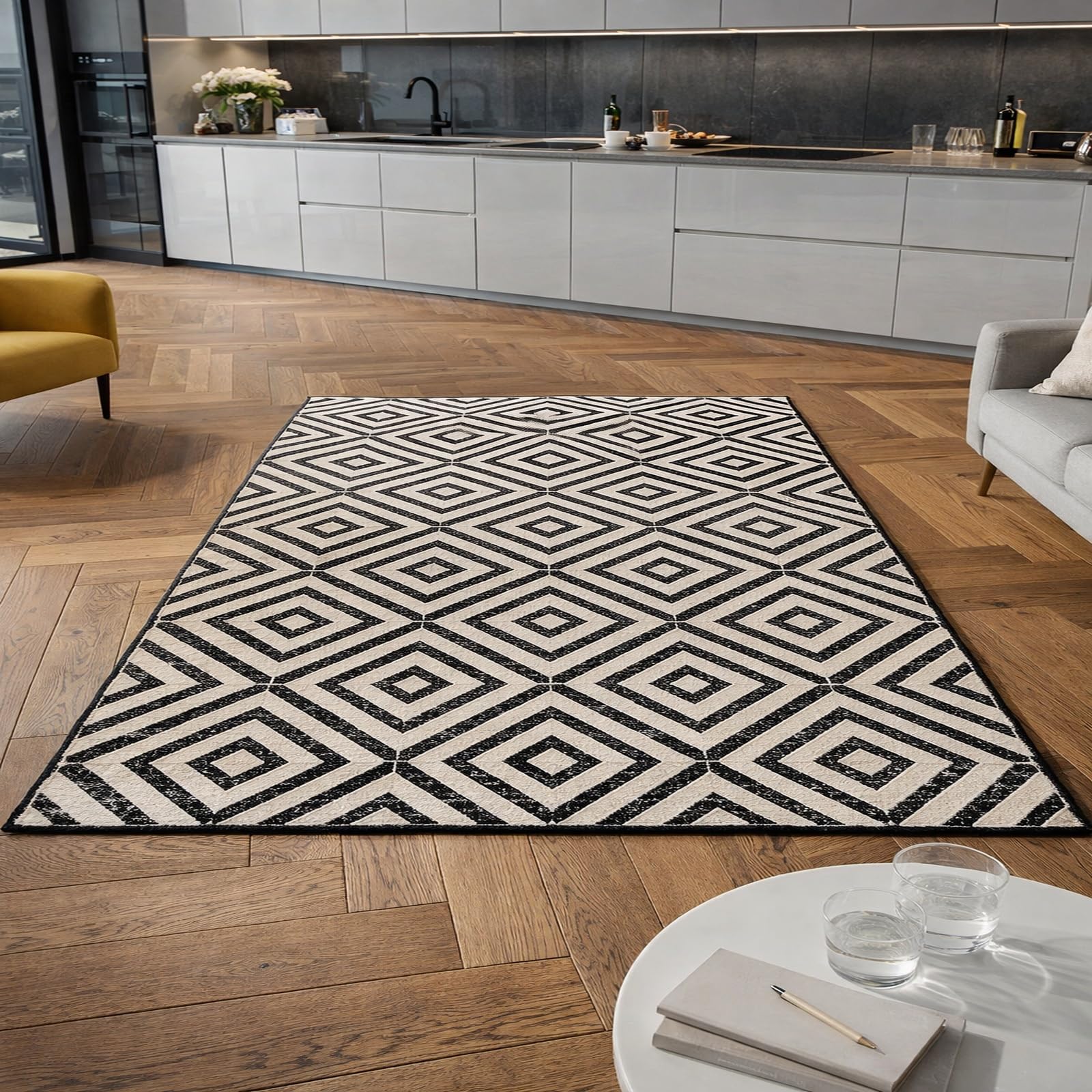 Dywan prostokątny, geometryczny, czarno-biały, 130 x 200 cm, nadaje się do prania, dywan do salonu, kuchni, ogrodu zimowego, również na balkon