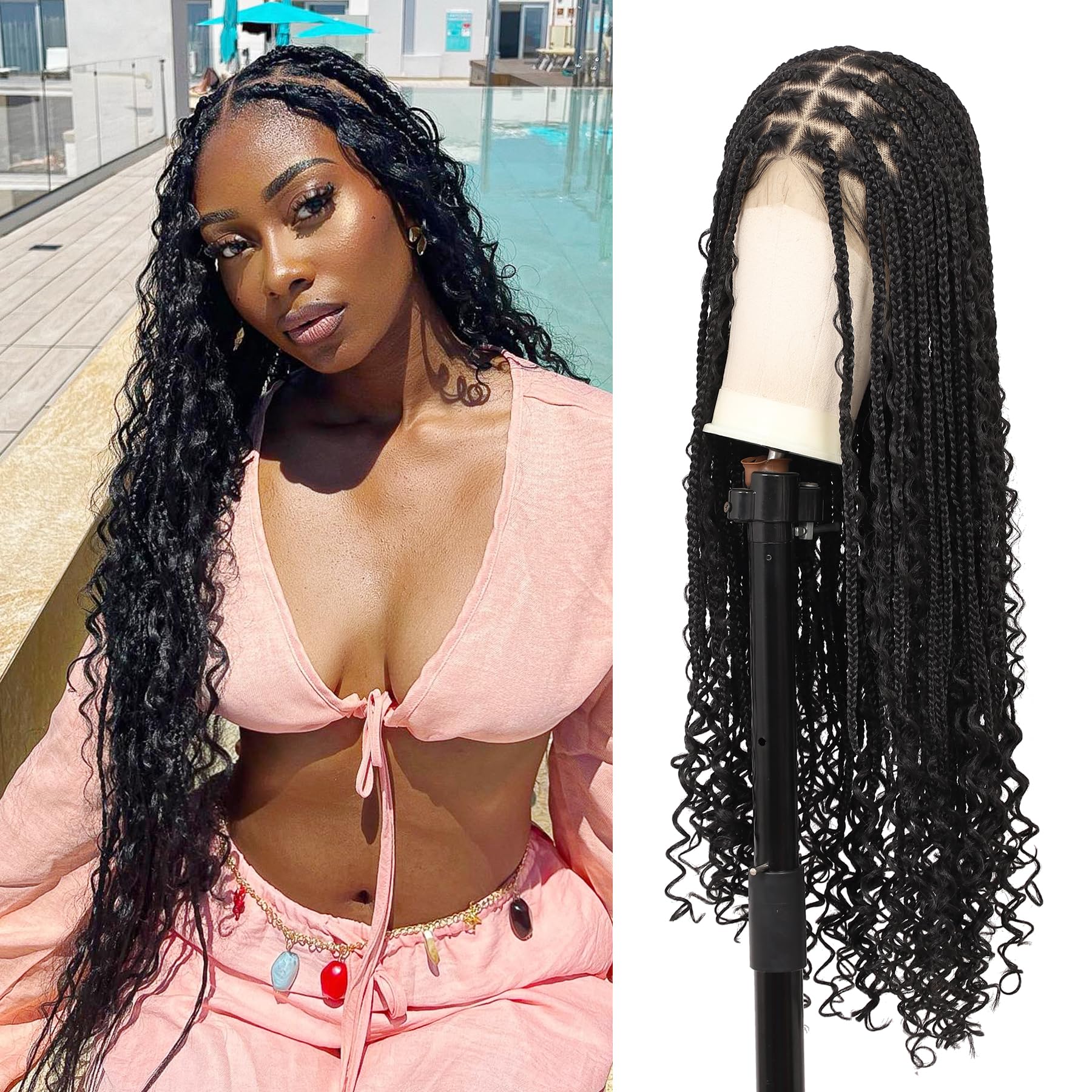 Photo 1 of Brinbea Knotless Boho Braided Wigs 13x8'' HD Lace Front Braided Wigs for Women Box Braid Wig with Baby Hair Black Long Premium Synthetic Braided Lace Front Wigs 36 Inch