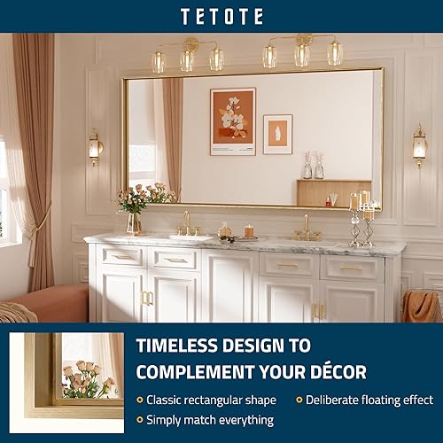 Miniatura 6 de TETOTE Espejo de pared grande rectangular con marco dorado cepillado de 72 x 36 pulgadas, espejo de pared grande rectangular de latón con marco de