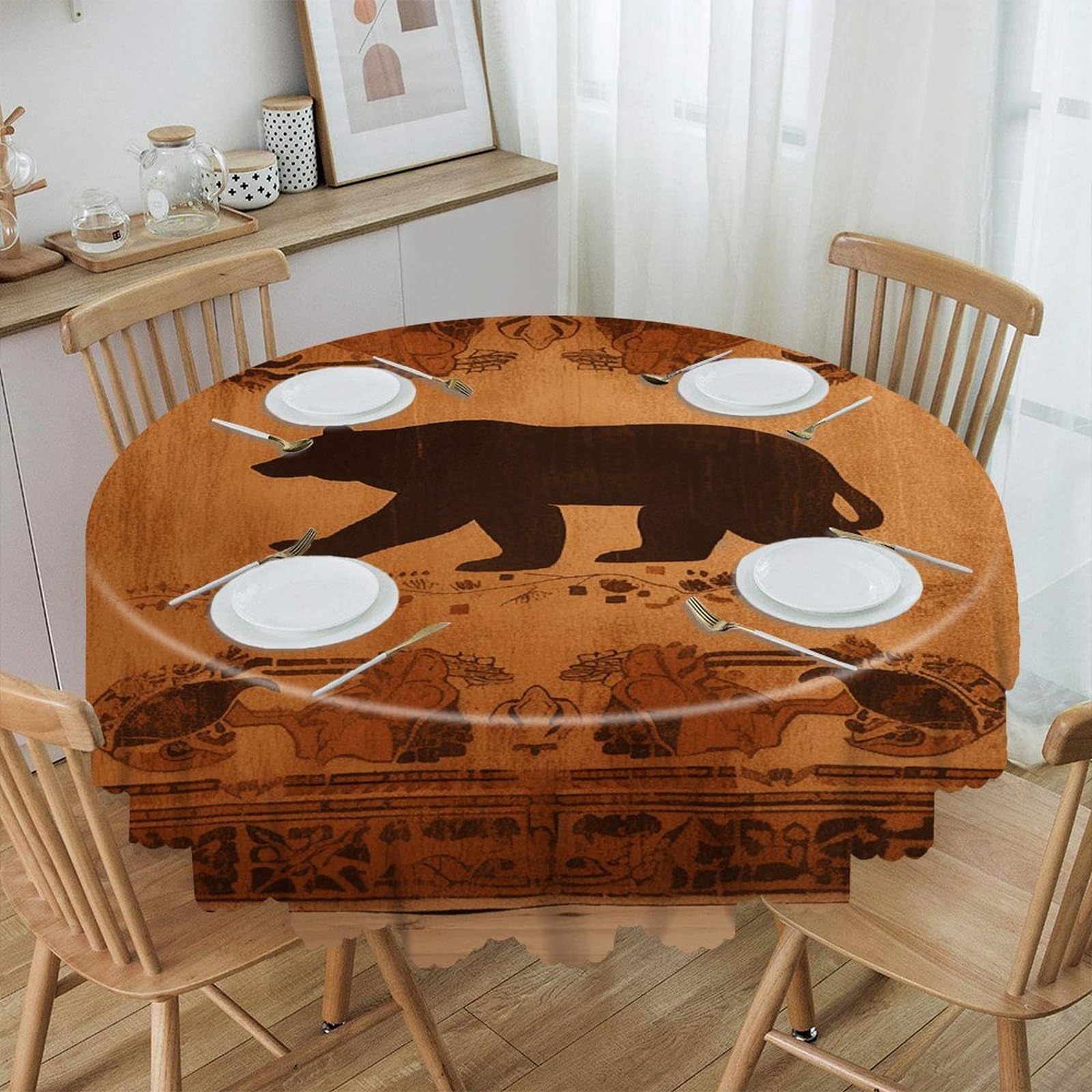 VstaDank Bear Round Tablecloth Wipeable Round Polyester Tablecloth Waterproof Wrinkle Free Indoor and Outdoor Table Cover 60 Inch Decorative Farmhouse Table Cloth for Dining