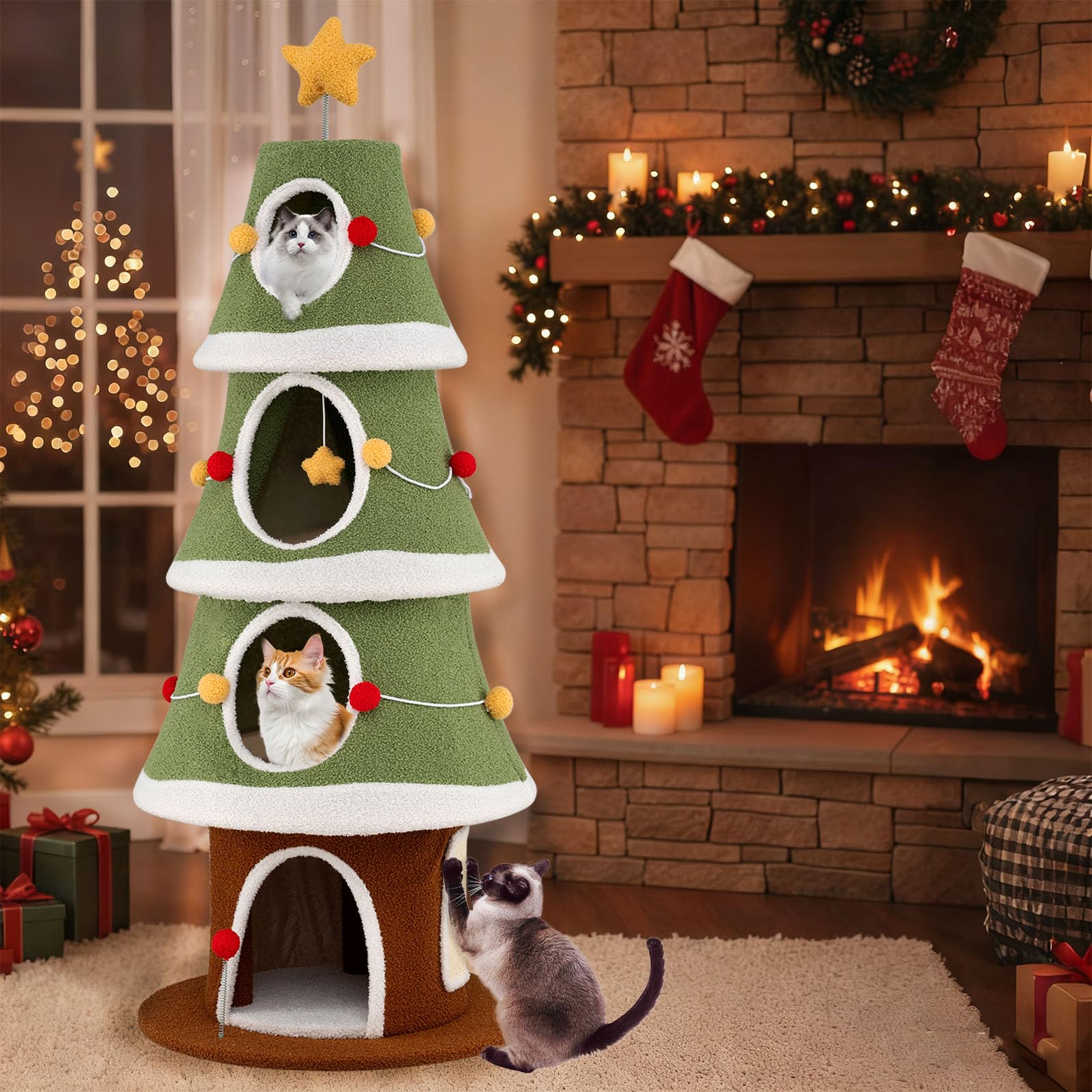 GYMAX 154 cm Árbol de Navidad para Gatos, Torre Multinivel para Gatitos con 4 Condominios, Alfombra Rascadora de Sisal, Juguete Colgante y de Resorte, Mueble de Escalada para Gatos (Estilo 5)