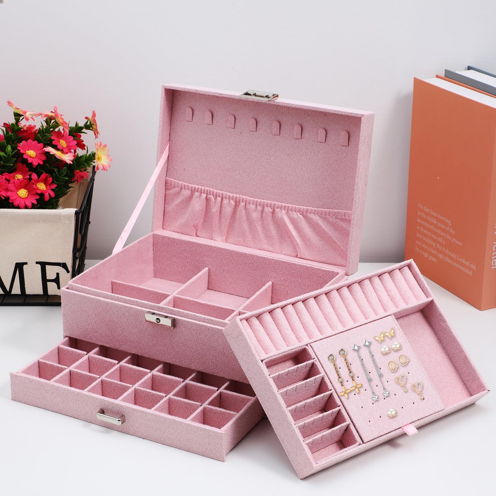 OUNONA Joyero Rosa Organizador de Joyas Cajones, de Varias Capas