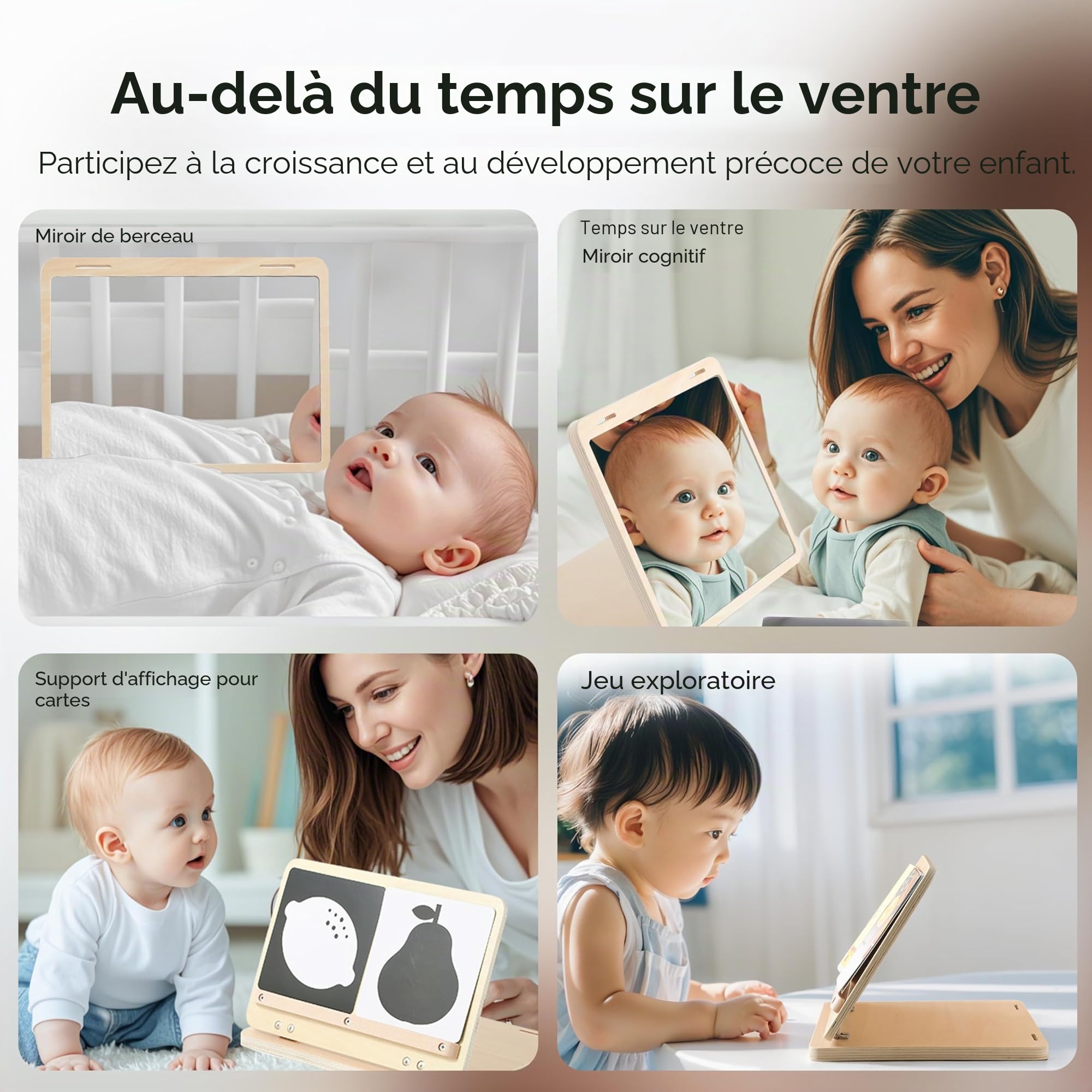 WOODEN TEETHER Jouet Montessori pour nouveau-né - Miroir pour bébé avec cartes visuelles noires et blanches - 0 à 12 mois - Cadeau de nouveau-né