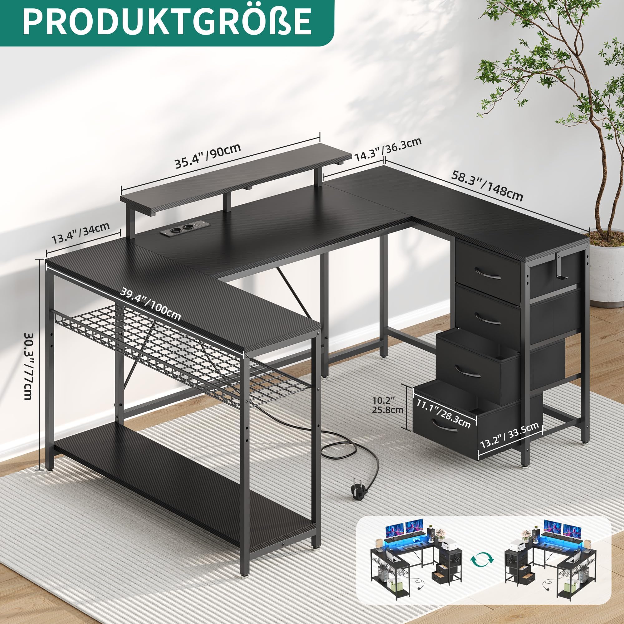 YITAHOME Computer Schreibtisch 158 x 100 cm, Gaming Tisch mit Steckdosen & LED-Lichter, Reversibler Eckschreibtisch mit Regalen, Computertisch schubladen & Stauraumfür Home Office, Schwarz