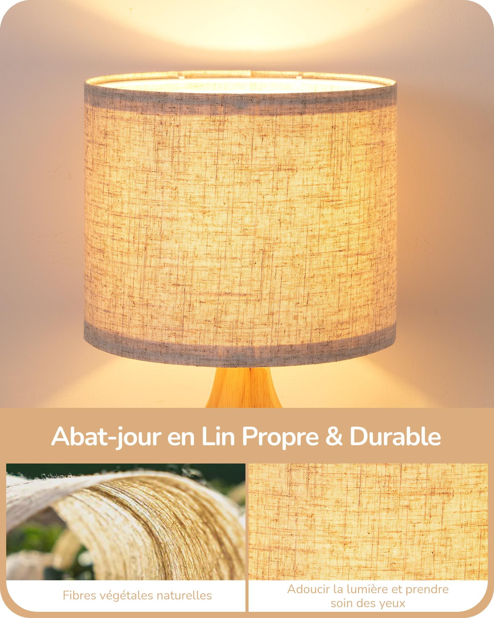 EDISHINE Lampe de Chevet avec Abat-jour en Lin & Base en Bois Massif de Teinte Chêne Clair, E27 4W Ampoule LED Incluse, 2700K Blanc Chaud, H34 cm, Ø21 cm, Lampe de Table Moderne pour Salon, Chambre