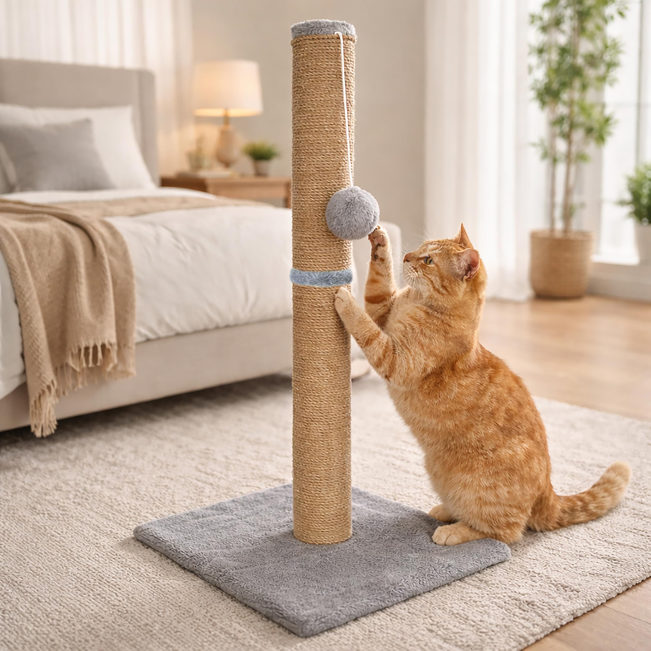 Marco Paul Cat Scratching Post 70cm Tall Heavy Duty Sisal Rope Tower with Plush Base & Hanging Toy, Large Stable Scratch Post for Kittens & Adult Cats Tall Sisal Scratch Pole For Indoor Cats