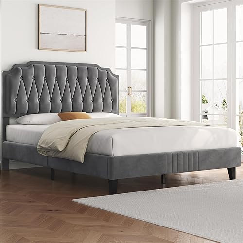 Yaheetech 5ft King Bed Frame Upholstered Platform Bed with Adjustable Button Tufted Headboard/Velvet Fabric/Sturdy Wooden Slat Support/No Box Spring Needed, Dark Grey King Bed