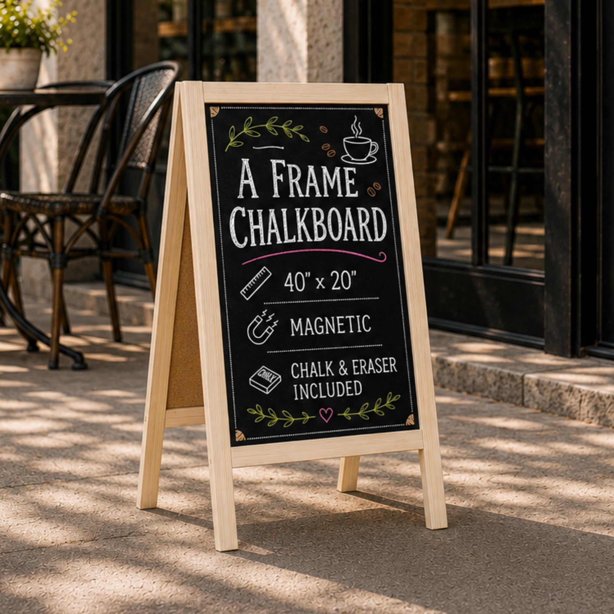 Drewniany znak A-Frame z gumką i kredą – 100 x 50 cm, magnetyczna tablica kredowa na chodnik, solidna wolnostojąca tablica typu "zrób to sam", do restauracji, biznesu lub na ślub
