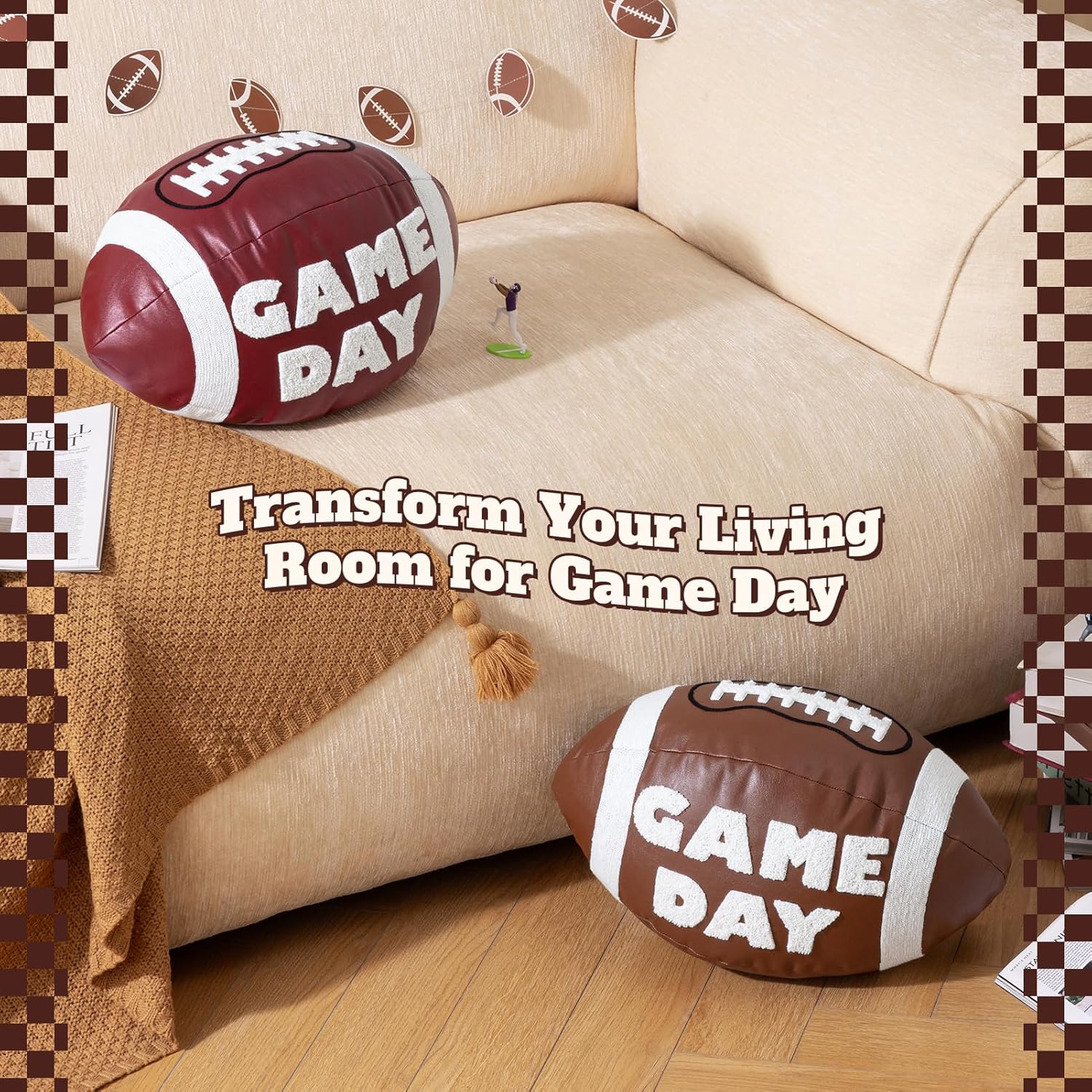 Phantoscope Football Pillow with Game Day, Football Shaped Throw Pillow, Football Party Decorations for Home Living Room Bedroom Play Room Sofa Couch, Brown, 10 X 16 Inches
