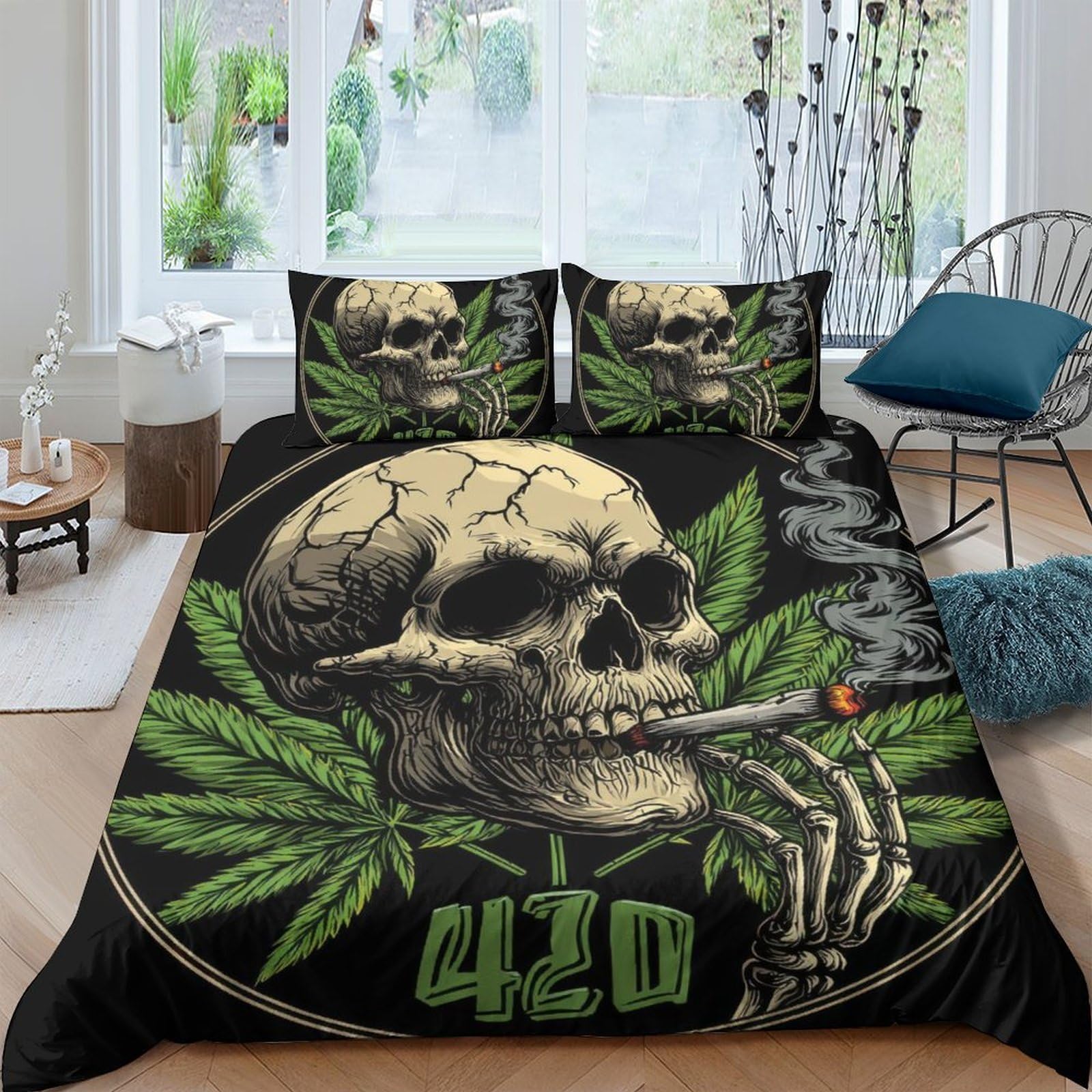 Ctjqhvkz Style-2 3D Printed Skull Cannabis Fitted Sheet Microfiber Soft Black Green Bed Cover For Bedroom Dorm Protection Decor Single（135X200cm）
