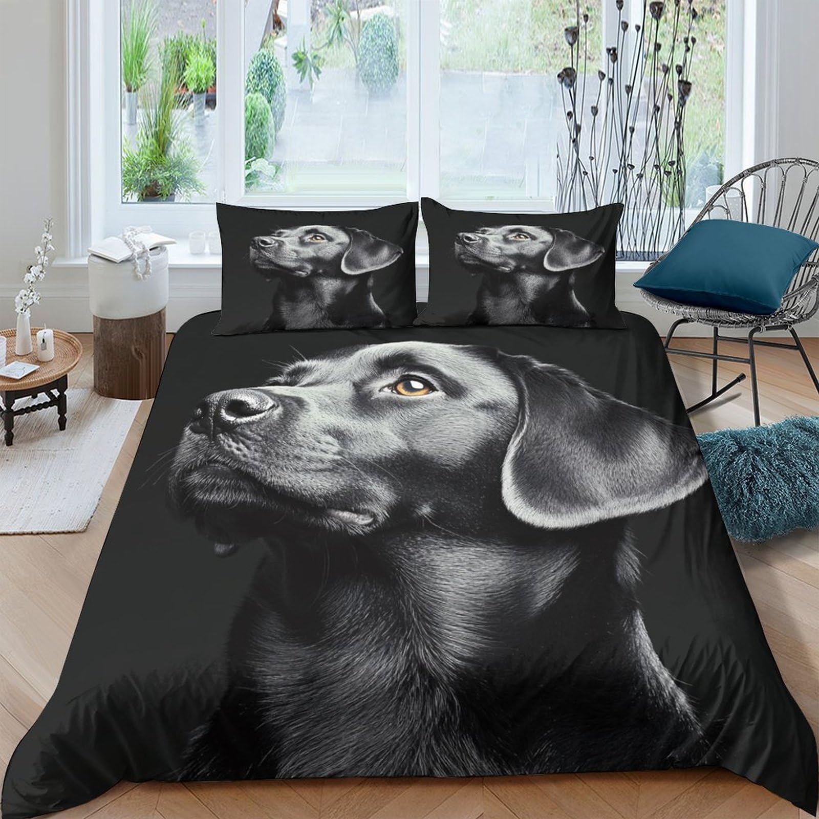 Black Hundeporträt 3-teiliges Reines Polyester realistische Tierkunst Bettbezug, Versteckter Reißverschluss, Krippenbettwäsche, Babysicher & Pflegeleicht King（220x240cm）