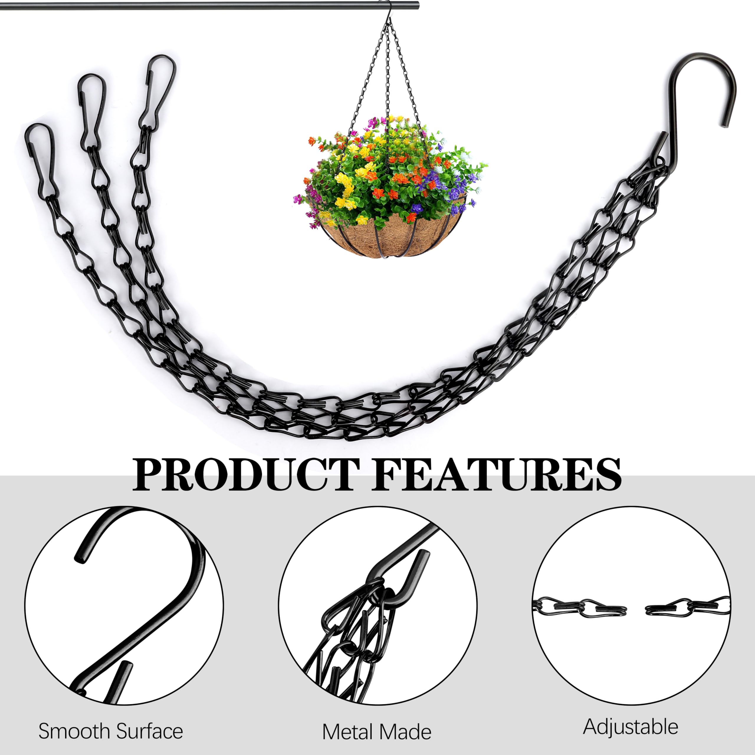 NUOOO 5 Pack Hanging Basket Chains 3 Point 16 Inch Flower Pot Chains For Hanging Plants With 3 Clip Hooks Heavy Duty Black Metal Chain Hangers For Hanging Plants Flowers Baskets