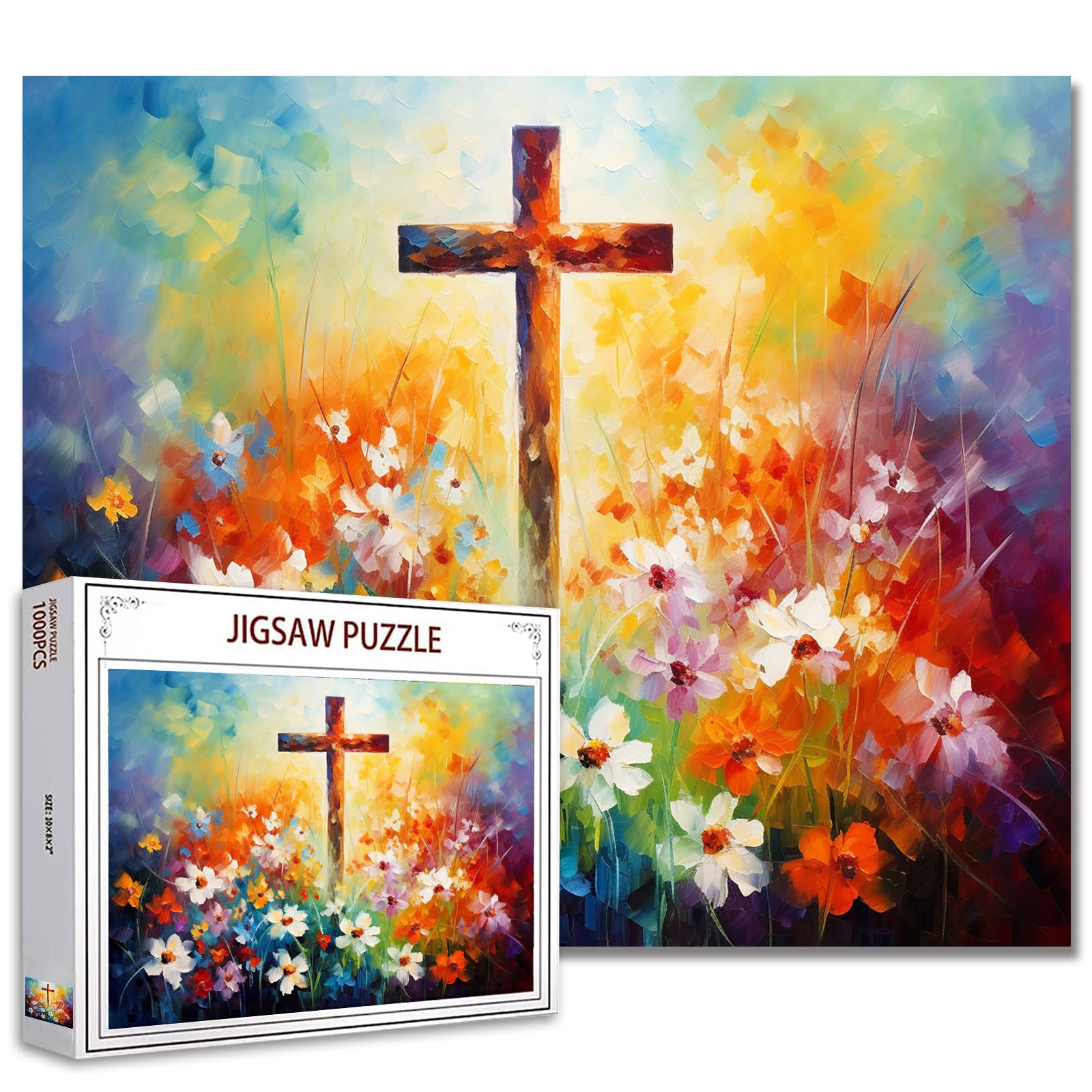 Tucocoo Christian Cross Jigsaw Puzzles for Adults 1000 Pieces, Abstract Wild Flowers Artwork Jigsaw Puzzle 27 x 20 Inches Colorful Puzzles for Home Decoration, Family Puzzle Perfect for Game Nights — image 1