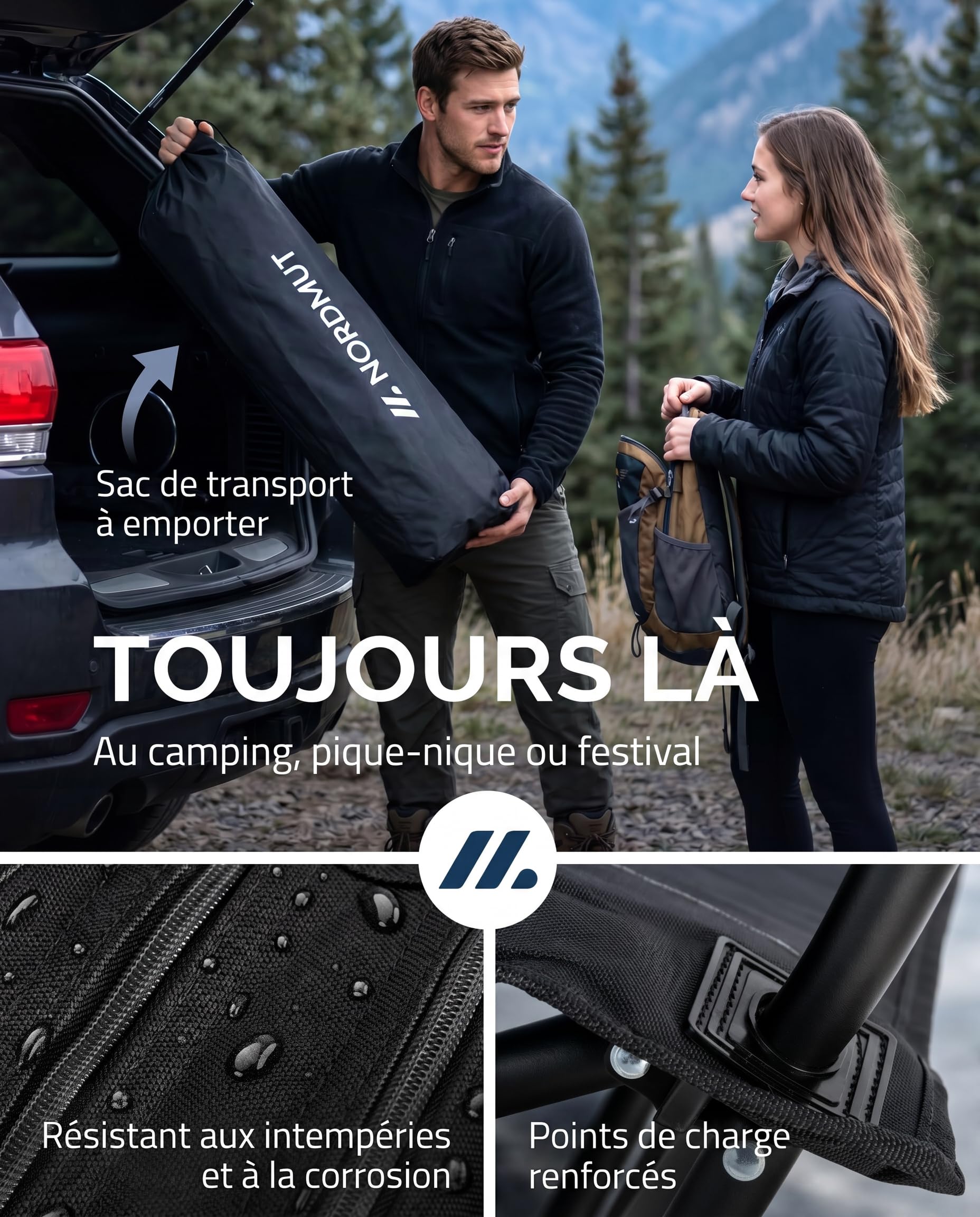 NORDMUT® Chaise de Camping Pliante légère – Stable supportant 200 kg – Chaise de pêche Confortable avec Sac Isotherme Pratique et Porte-gobelet (Noir 1x)