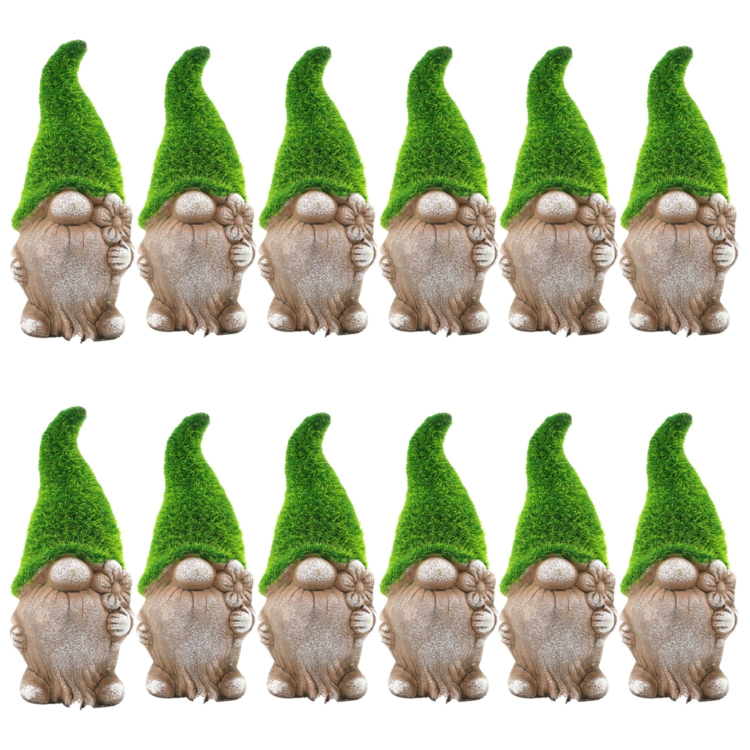 Mossy Hat Garden, 12 sztuk, uroczy gonk z efektem kamienia z realistycznym kapeluszem mchu trzymający kwiat, idealny do dekoracji domu i ogrodu, figurka dekoracyjna na patio, balkon, podwórko,