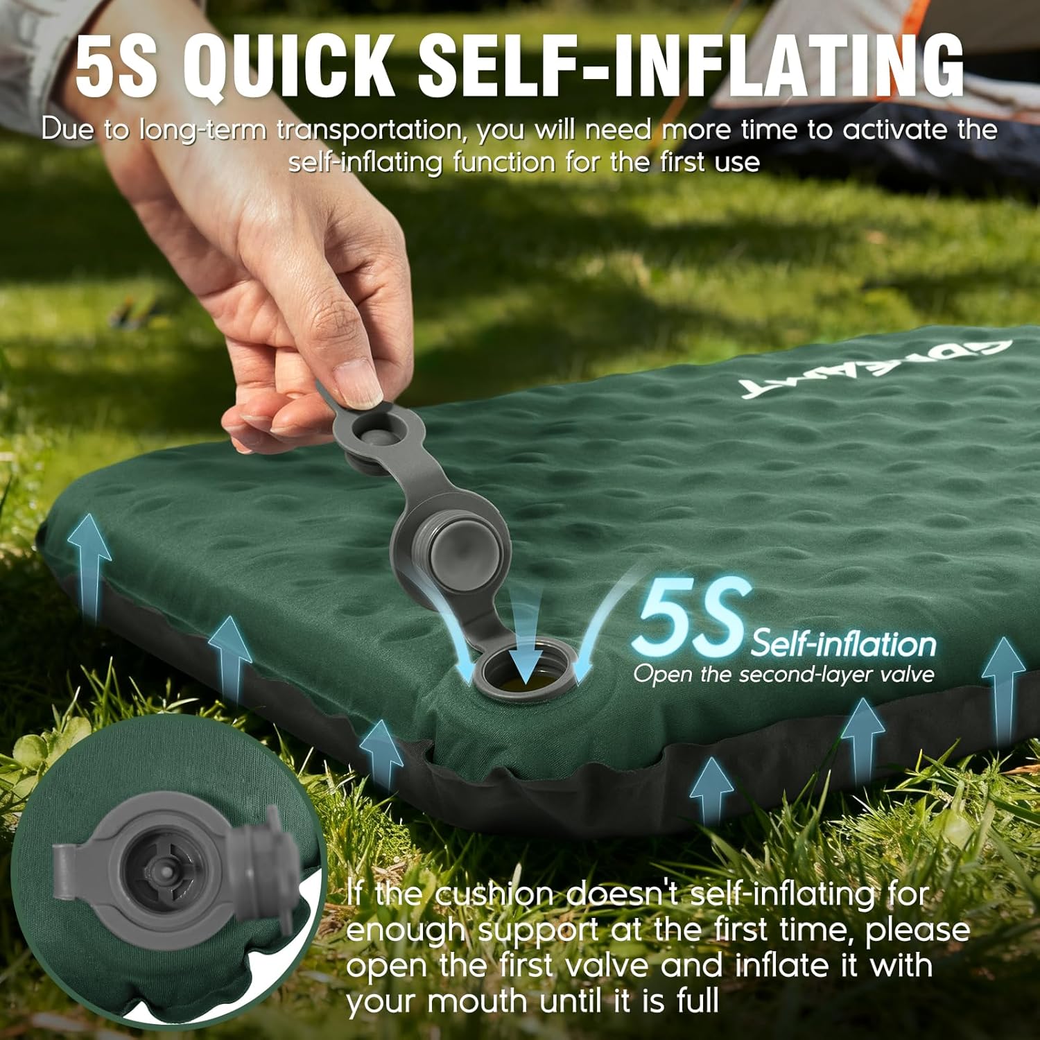 Inflatable Seat Cushion, Self-Inflating Memory Foam Stadium Seats Cushion Lightweight & Compact Chair Sitting Pad Airplane Cushion for Long Flight Travel Outdoor Camping Car Bleachers Office