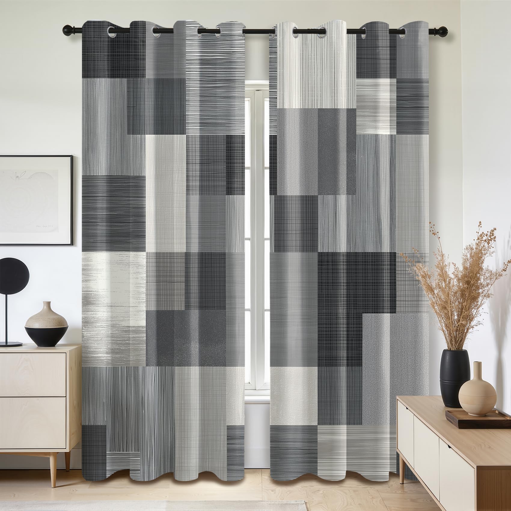Mistela Graue Vorhänge, moderner geometrischer Schlafzimmervorhang, Ösen, Verdunkelung, wärmeisoliert, kleine Fenstervorhänge für Wohnzimmer, B 46 x T 72 cm, 2 Paneele, minimalistische