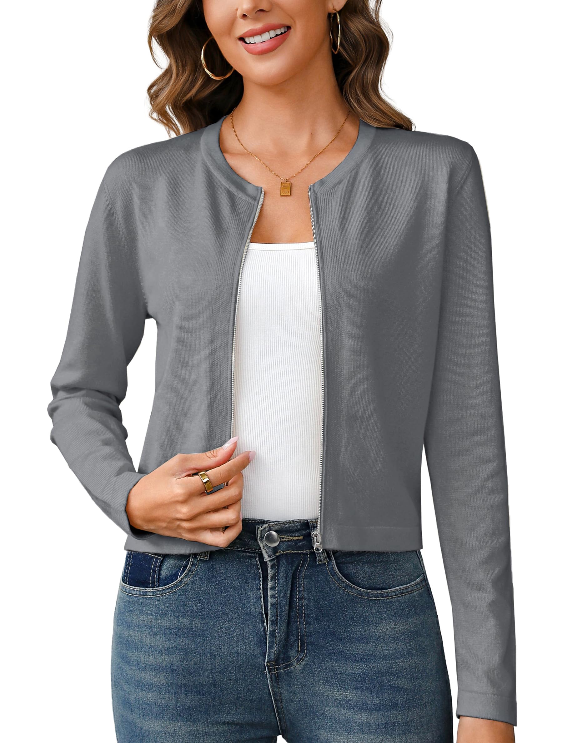 Totatuit Womens Long Sleeve Knitted Zip Up Cardigan Sweaters Cropped Jacket