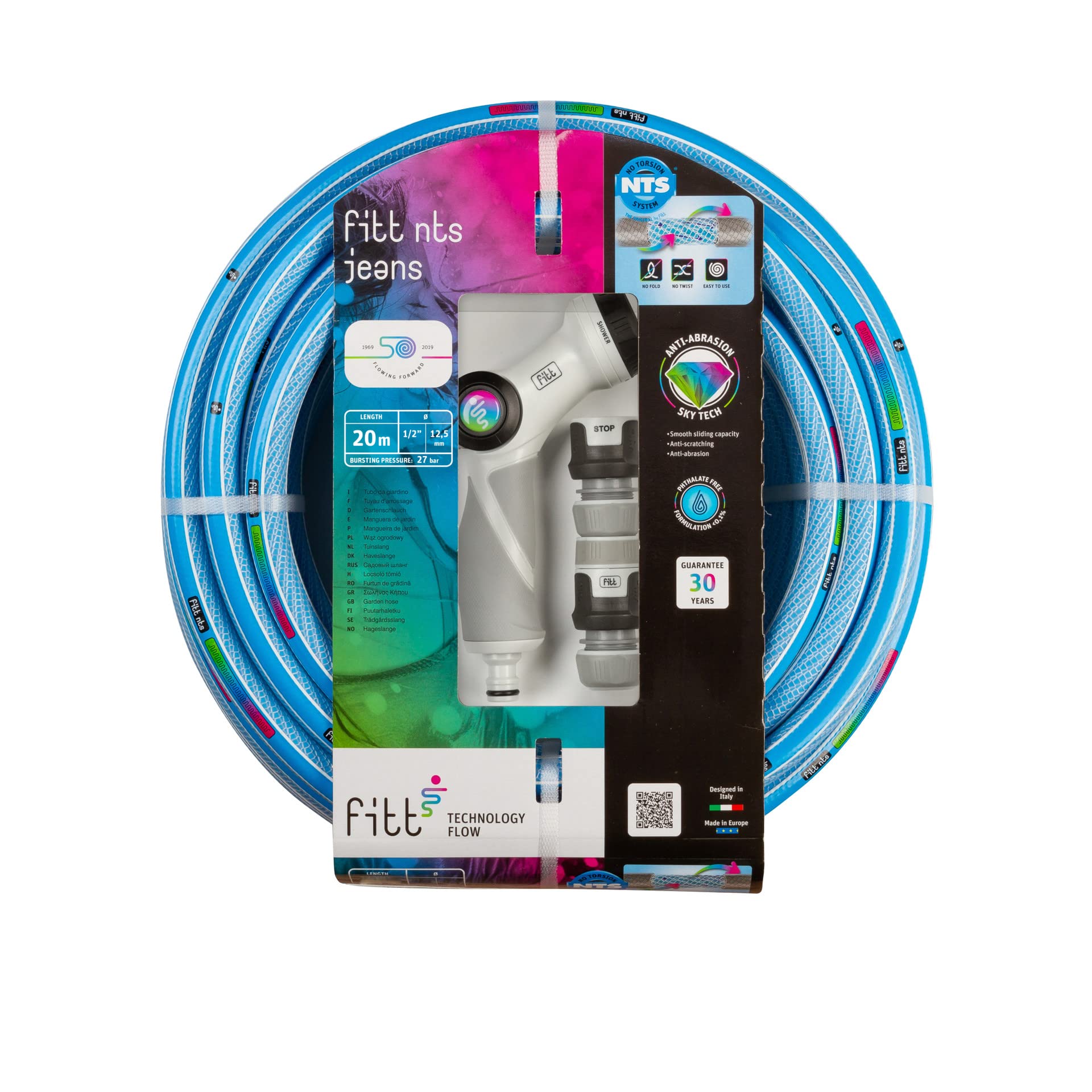 NTS Jeans 1/2" (12,5mm) 20m - Strong and malleable Light Blue Garden Watering Hose for Intensive Use Supplied with Multi-Jet Spray Gun and Fittings, Featuring Exclusive Technologies