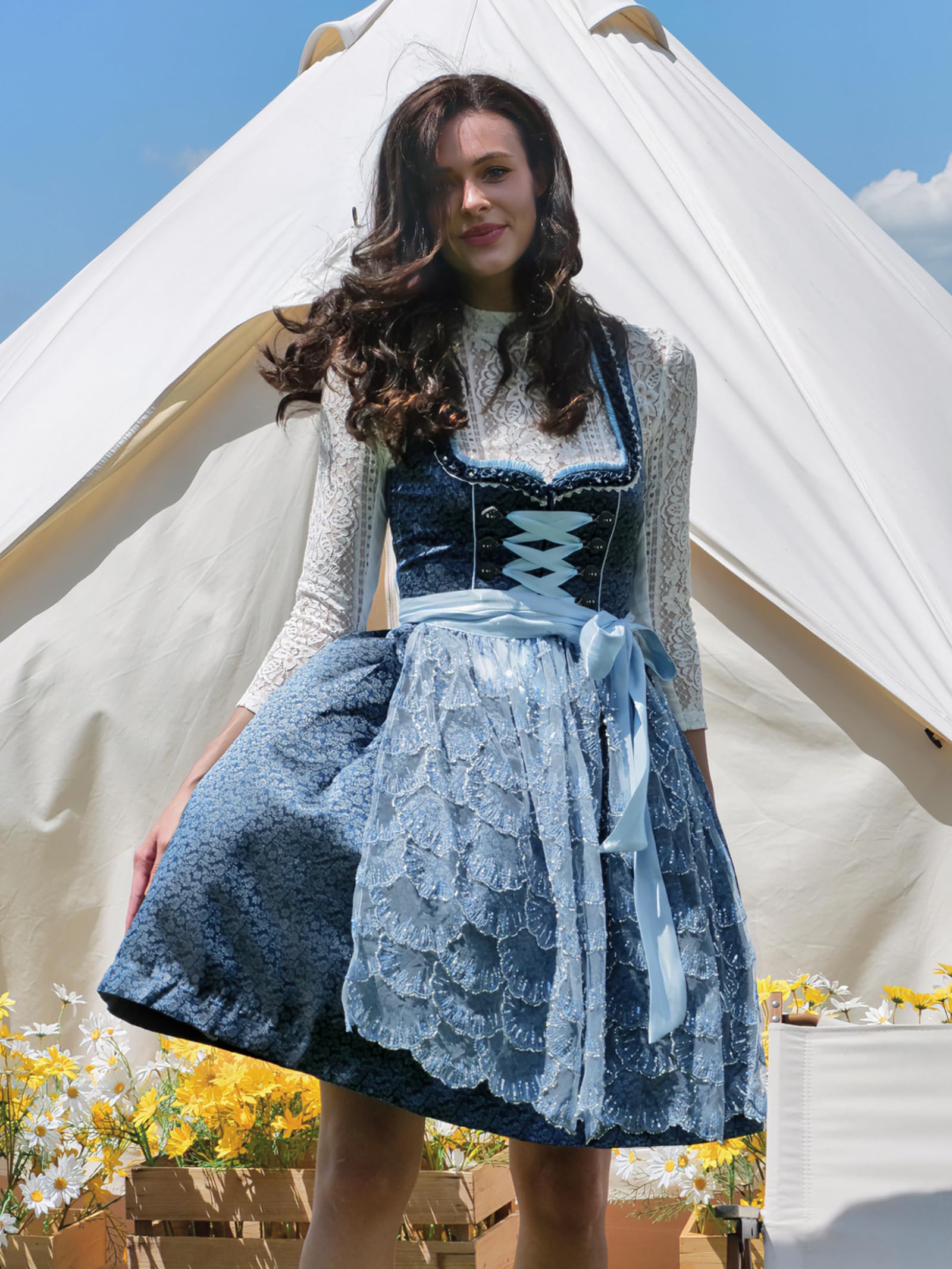 Dirndl Schwarz Trachtenkleid Dirndl Damen Midi 60cm Exklusiver | mit Spitzenschürze,Knielang Dunkel Trachtenmode Dirndlkleid Oktoberfest Bavarian, mit Eingenähten Tasche (Ohne Bluse)