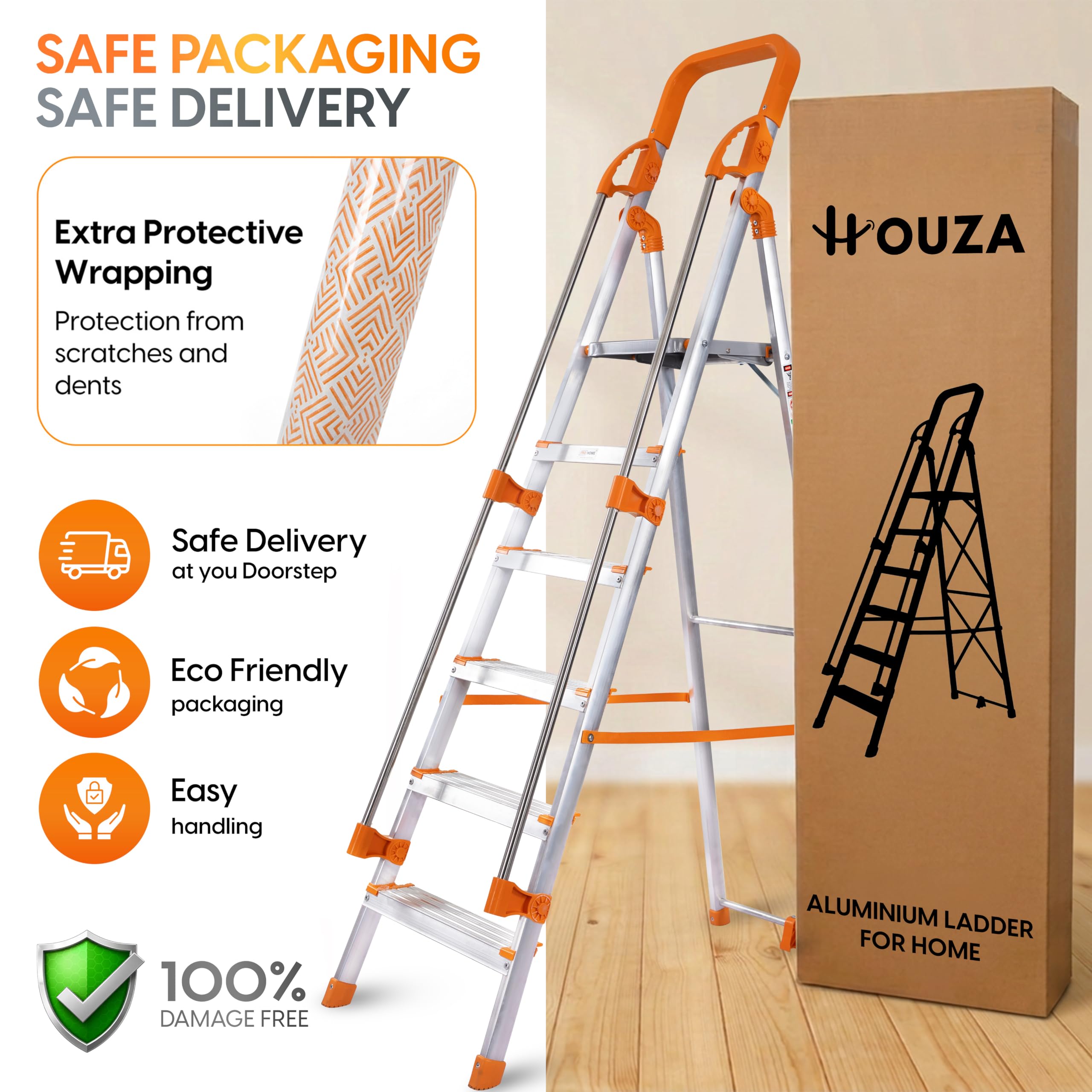 HOUZA Aluminium Ladder for Home 6 Steps Foldable with Railing & Anti-Skid Wide Steps | 6 Step Ladder for Home Use, Kitchen & Household | 250 Kg Load Capacity Folding Ladder | 5 Year Warranty (Orange) — Amazon image 5