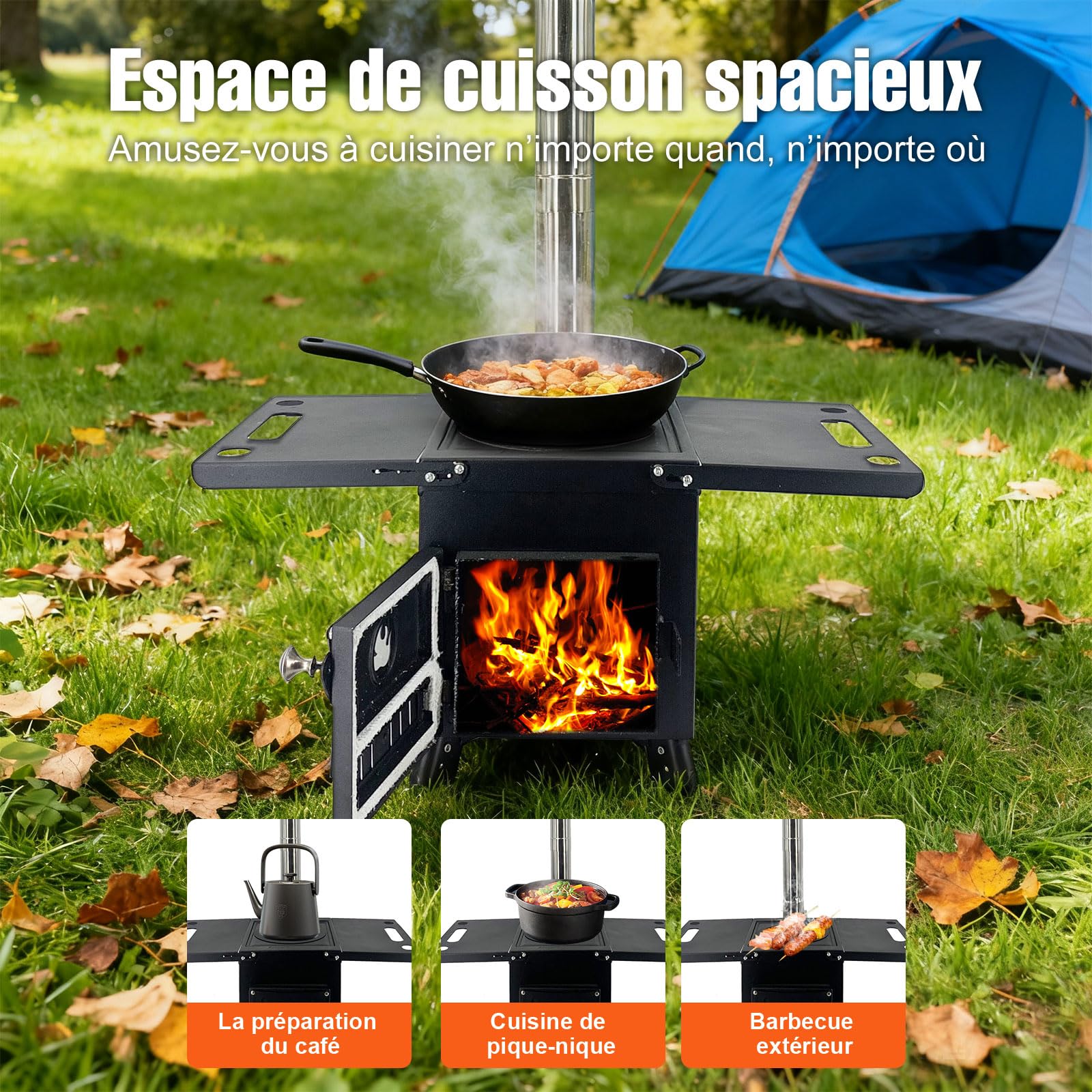 Poêle à Bois à Double Paroi, Pieds Démontables, Acier Carbone | 3 Tuyaux, avec Crochet et Gants, Réchaud Camping Portable pour Chauffage, Barbecue, Camping, Randonnée, Chasse