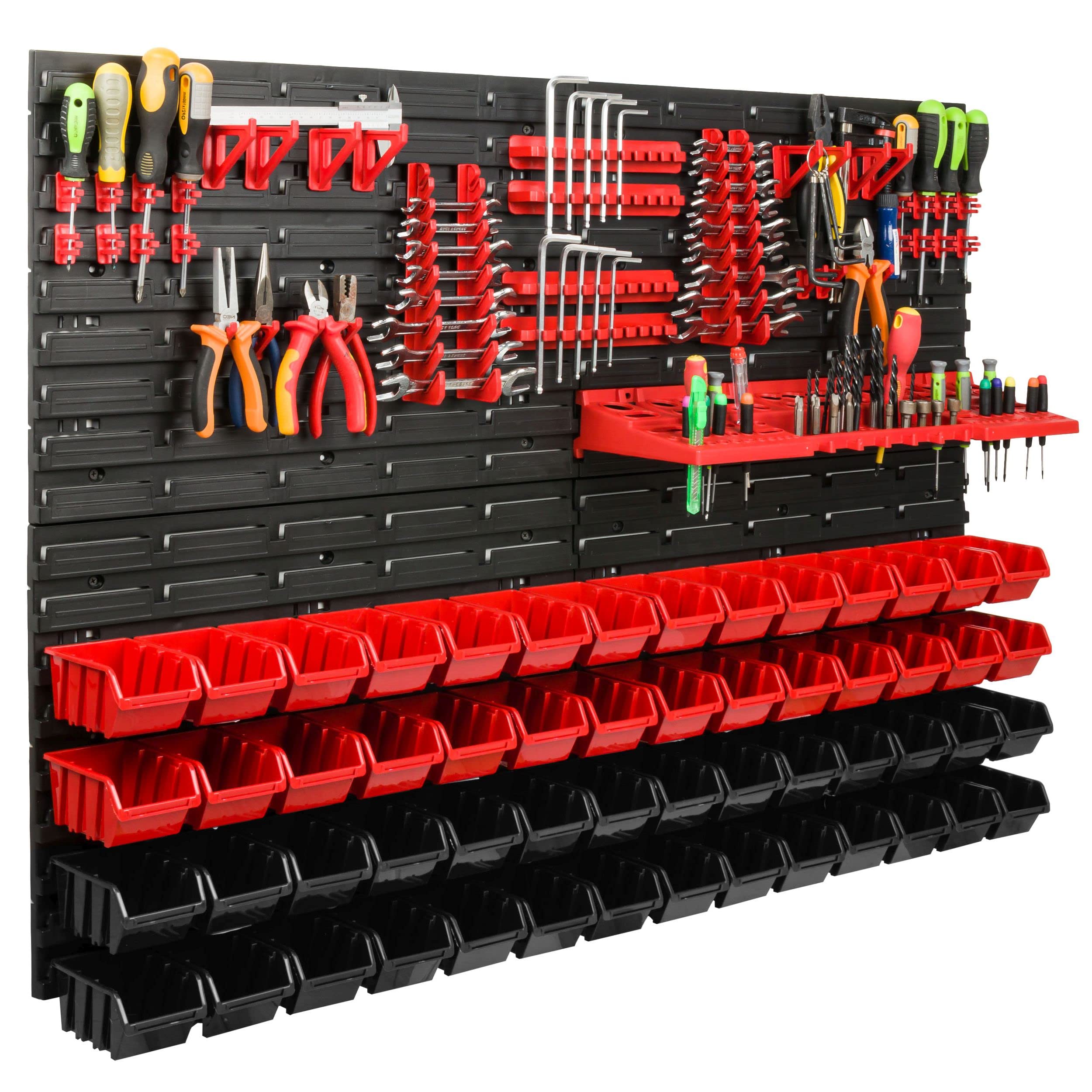Scaffale da officina, 115 x 78 cm, 56 pezzi, con supporti per attrezzi e scatole impilabili, pannelli da parete, scaffali extra resistenti, per merci, garage, scaffali da parete