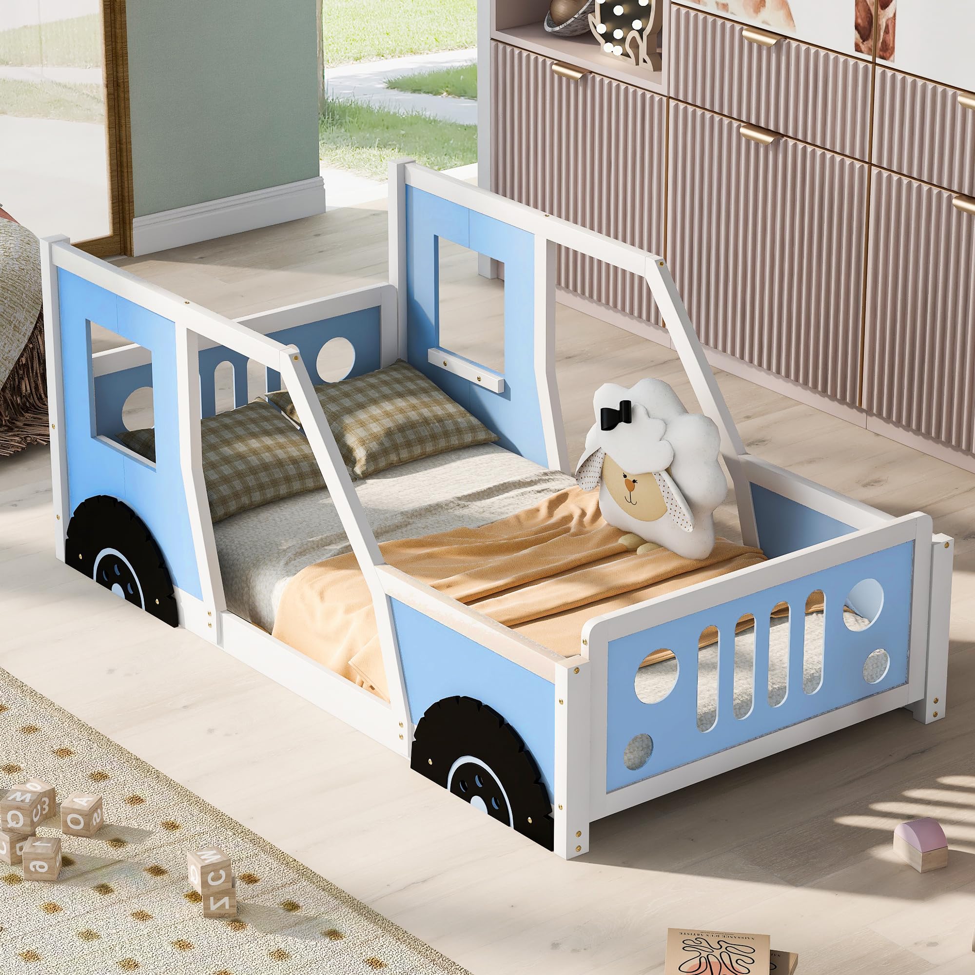 Merax Twin Size Classic Car-Shaped Platform Bed with Wheels, Wood Car Bed Frame for Boys, Blue