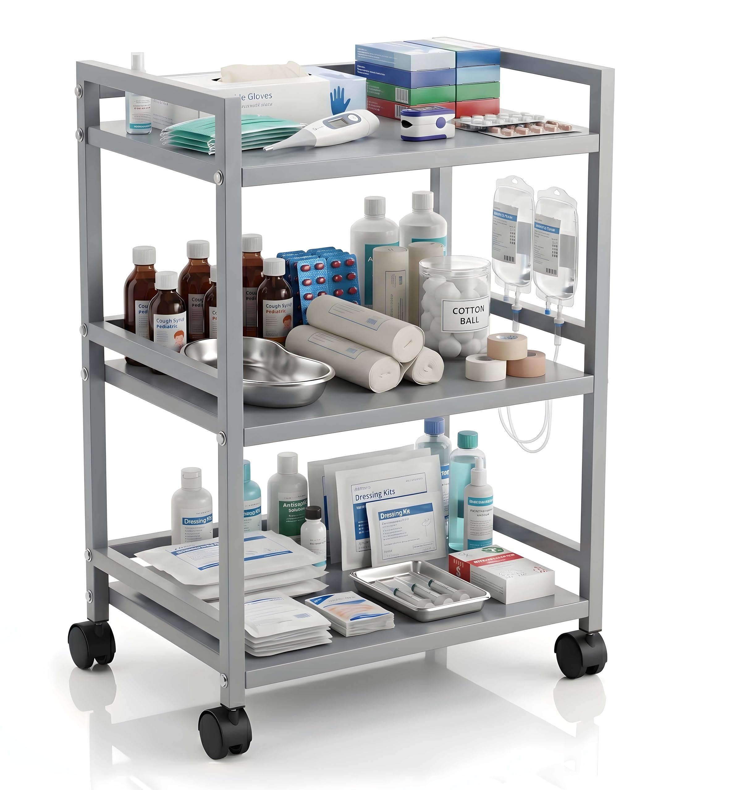 Metal Medical Trolley with Wheels, 3 Tier Medical Utility Cart, Supply Storage Carts, Rolling Medical Equipment Cart, Clinic Dressing Trolley, Laboratory Utility Rack-image-37