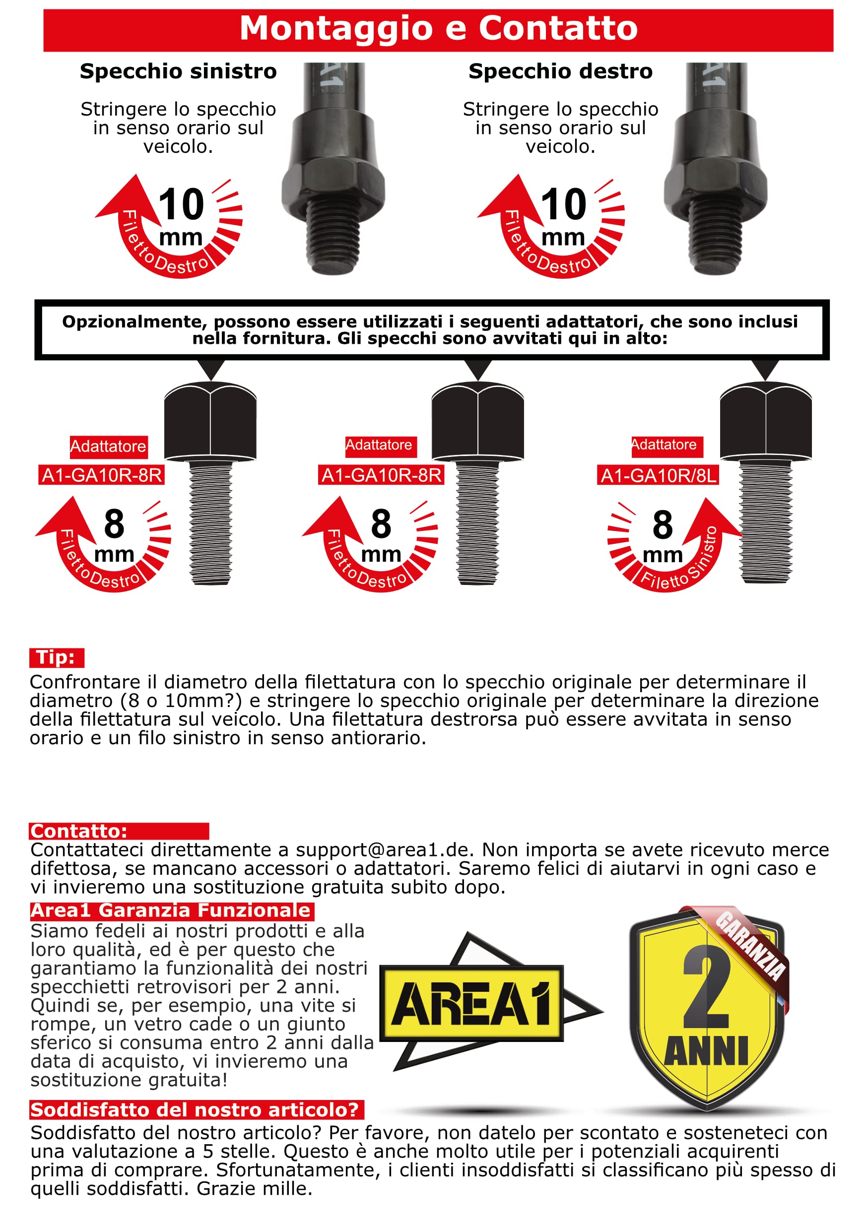 Area1 Specchietti Specchietto Omologato Universali Retrovisori per Scooter (2xM8 filetto destro+1xM8 filetto sinistro) compatibili con Sym Niu KSR