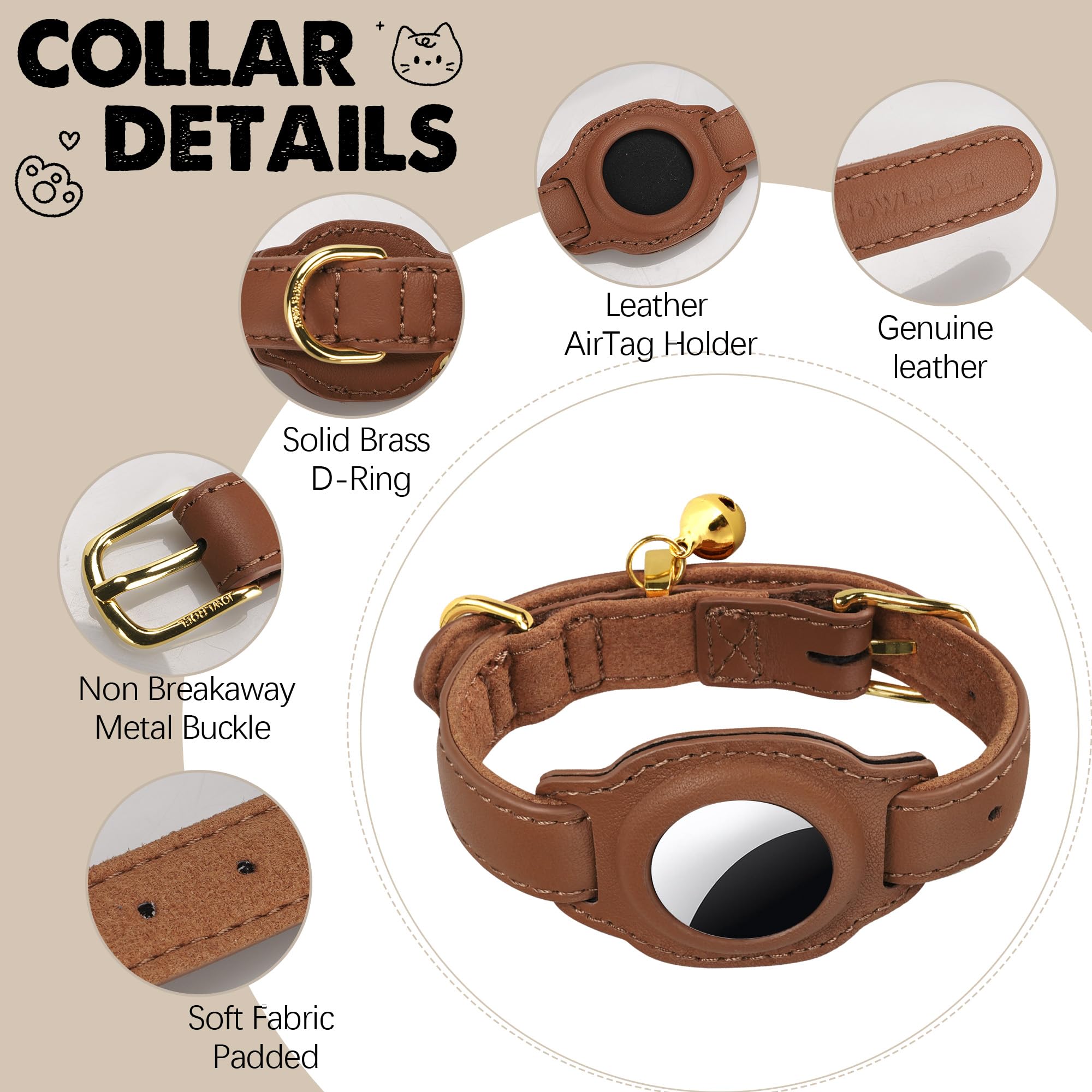 AirTag - Collar de gato con campana y forro de tela, collar de cuero para mascotas, collar de gato de cuero no separable con soporte para AirTag, collares GPS para gatos y gatos (marrón)