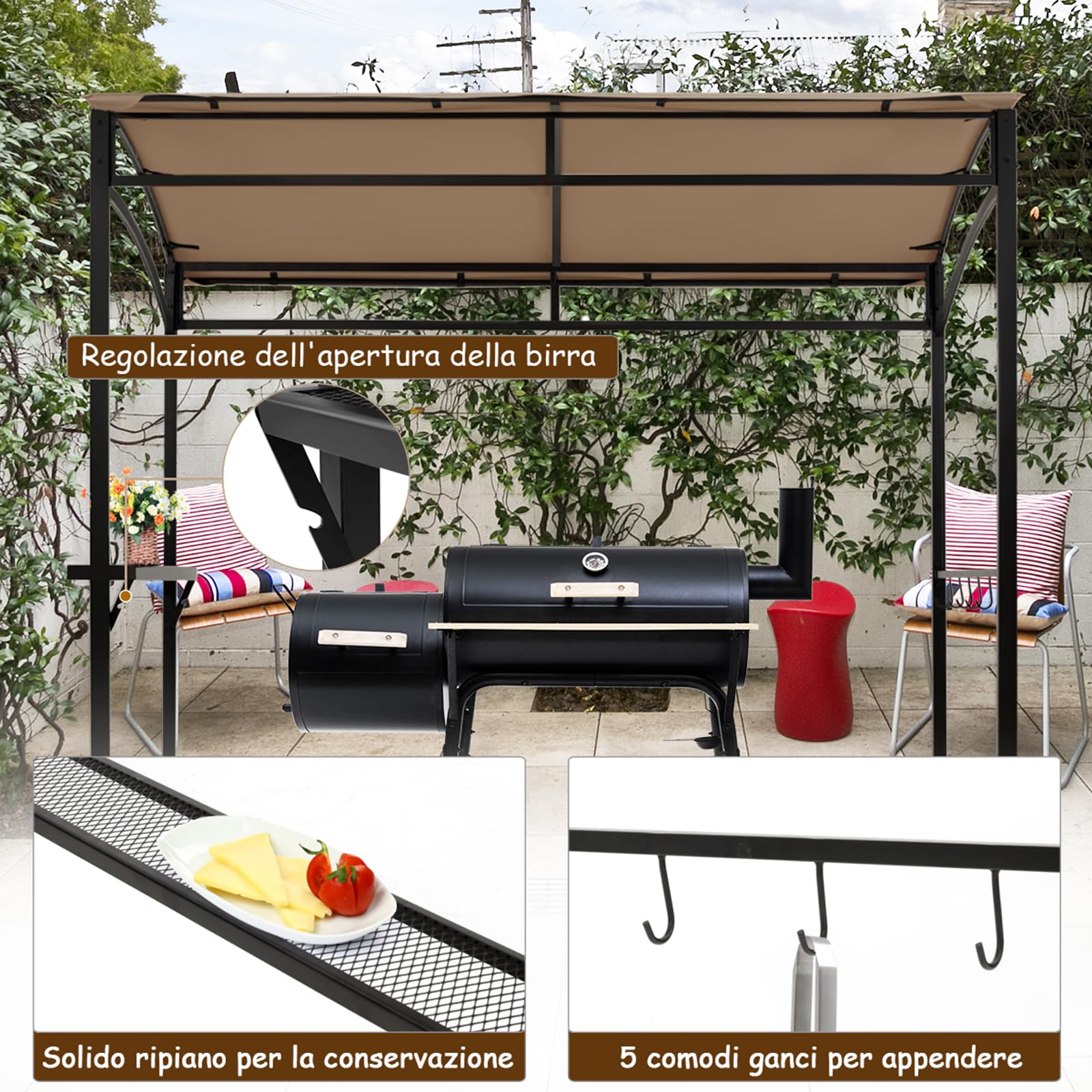 COSTWAY Gazebo per Barbecue 216x134x211 cm Pergola da Giardino con Ripiano e Ganci